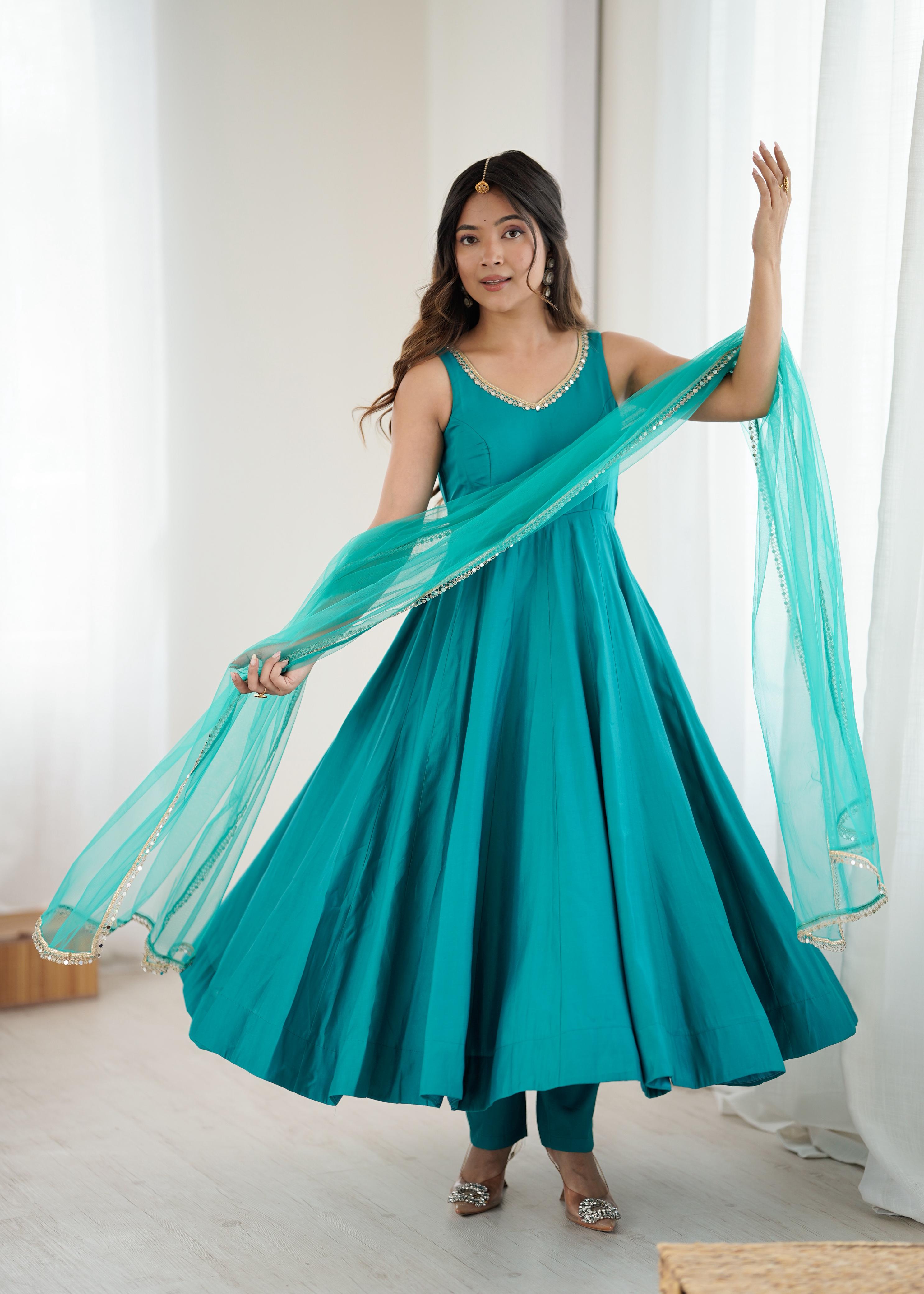 Pure Roman Silk Chanderi Fully Flared Anarkali Set with Pant & Dupatta