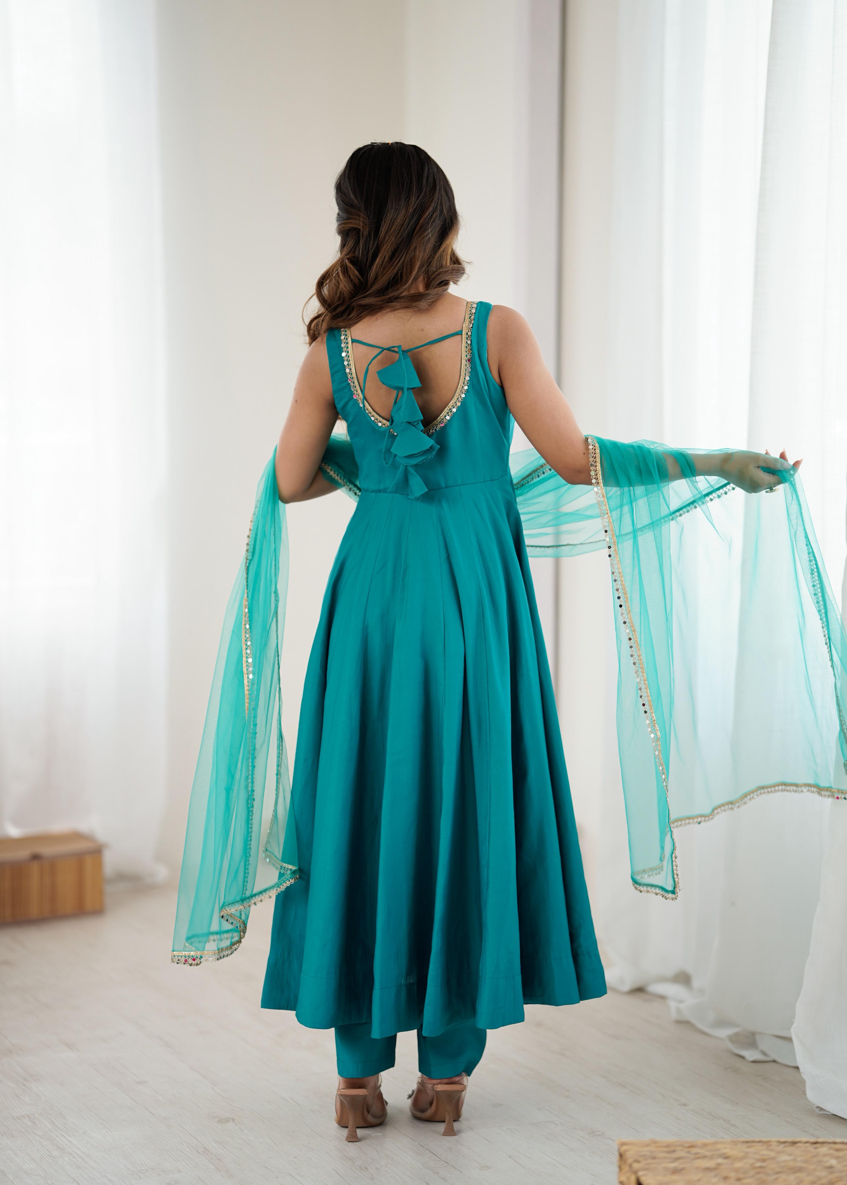 Pure Roman Silk Chanderi Fully Flared Anarkali Set with Pant & Dupatta