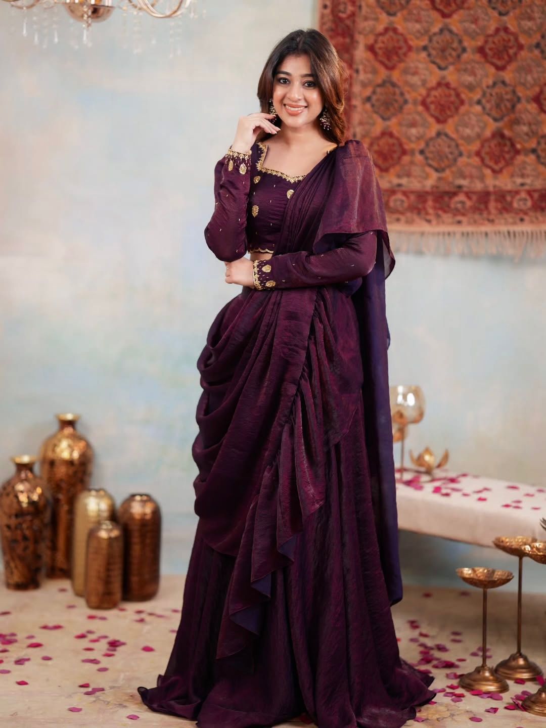 Two Tone Fandy Silk Embroidered Lehenga Choli Set with Dupatta – Full Stitched