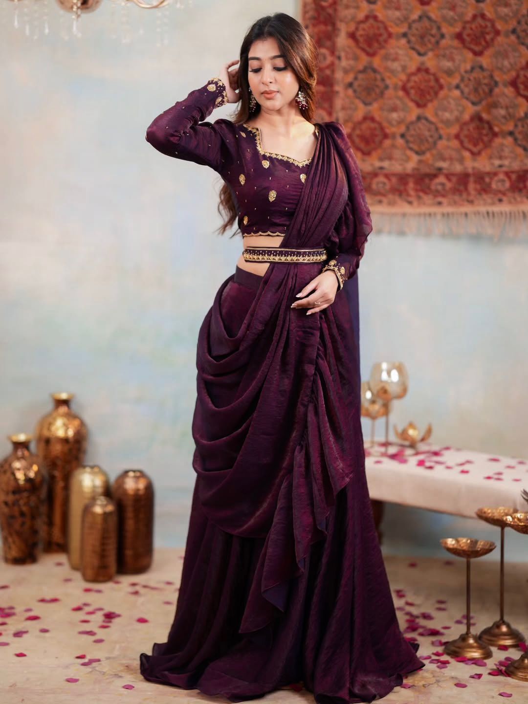 Two Tone Fandy Silk Embroidered Lehenga Choli Set with Dupatta – Full Stitched