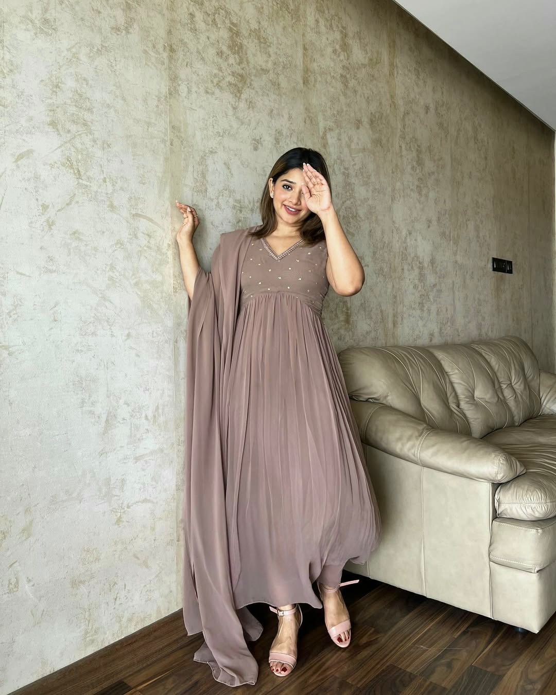 Heavy Faux Georgette Embroidered Gown Set with Pant & Dupatta – Full Stitched