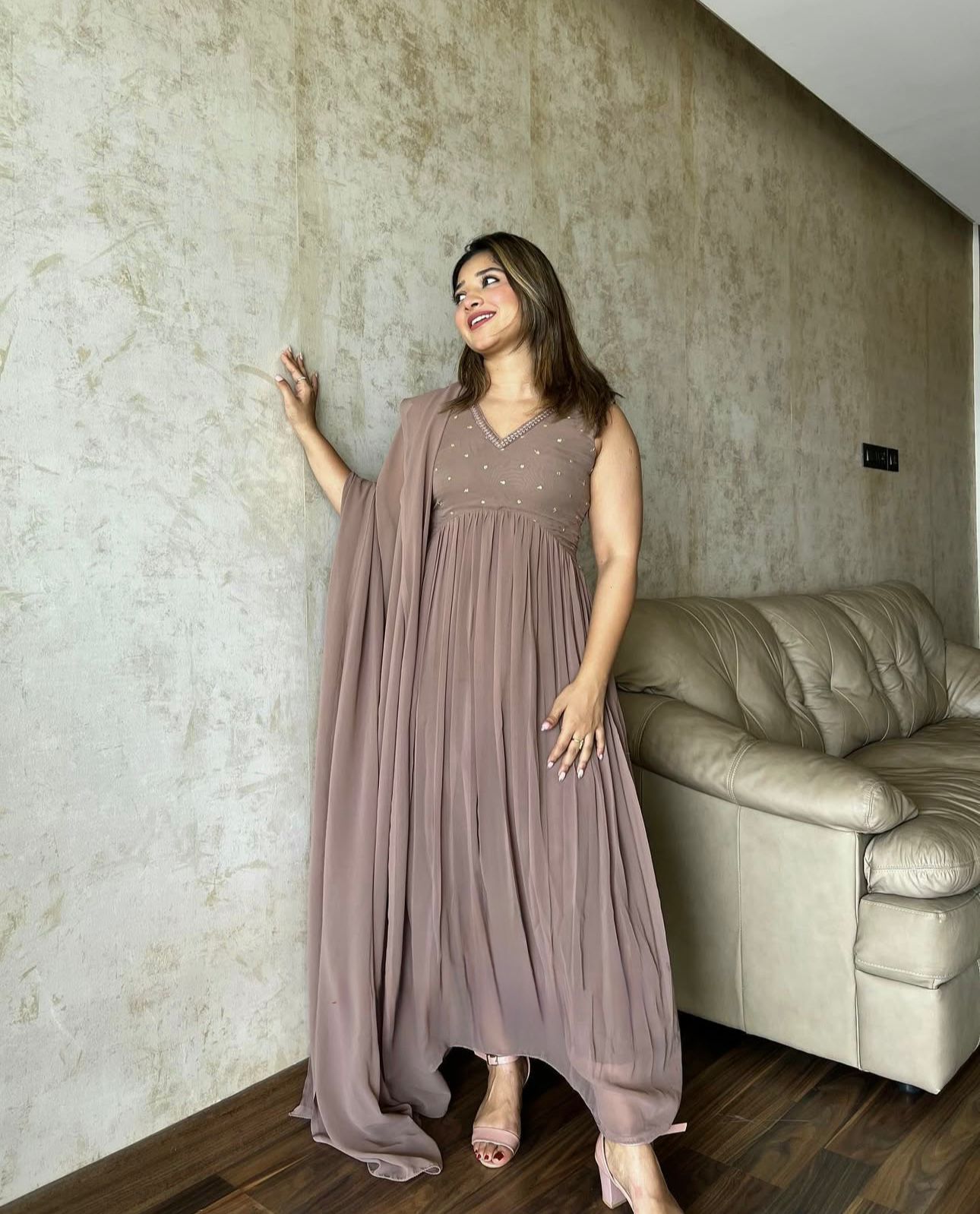 Heavy Faux Georgette Embroidered Gown Set with Pant & Dupatta – Full Stitched