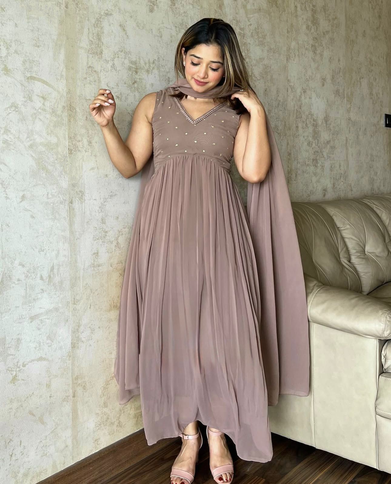 Heavy Faux Georgette Embroidered Gown Set with Pant & Dupatta – Full Stitched