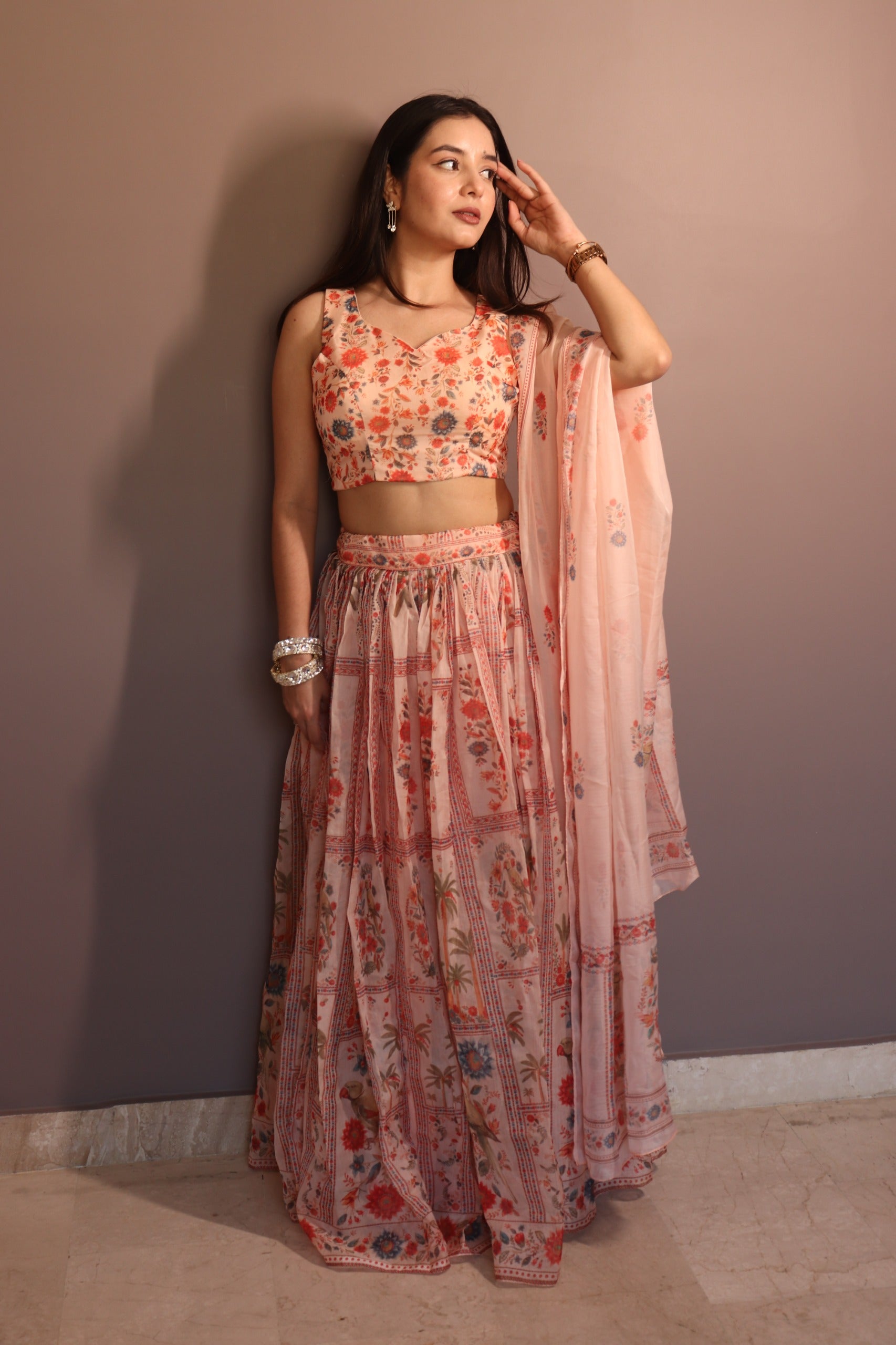 Pastel Floral Organza Lehenga Set with Sleeveless Blouse & Dupatta – Fully Stitched