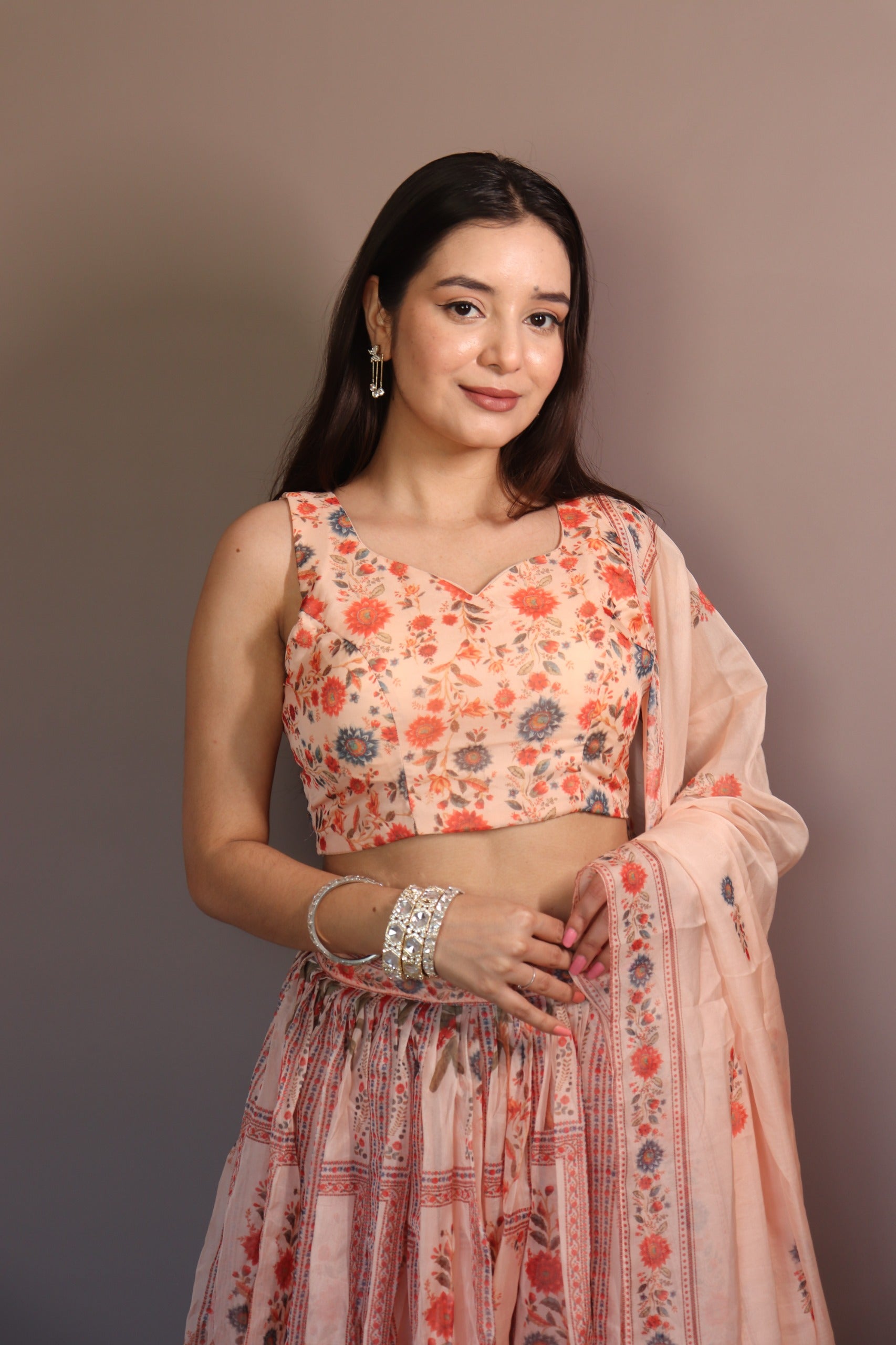 Pastel Floral Organza Lehenga Set with Sleeveless Blouse & Dupatta – Fully Stitched