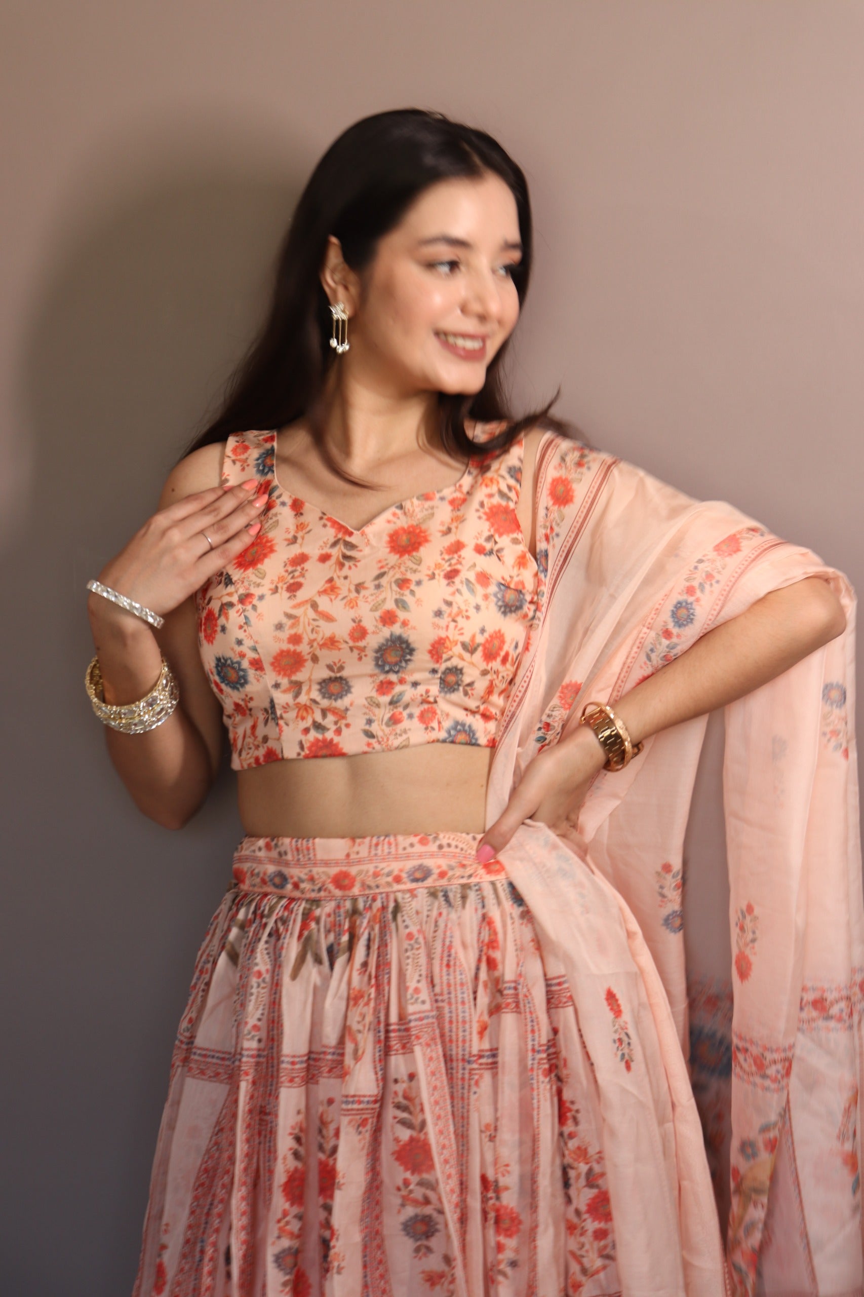 Pastel Floral Organza Lehenga Set with Sleeveless Blouse & Dupatta – Fully Stitched