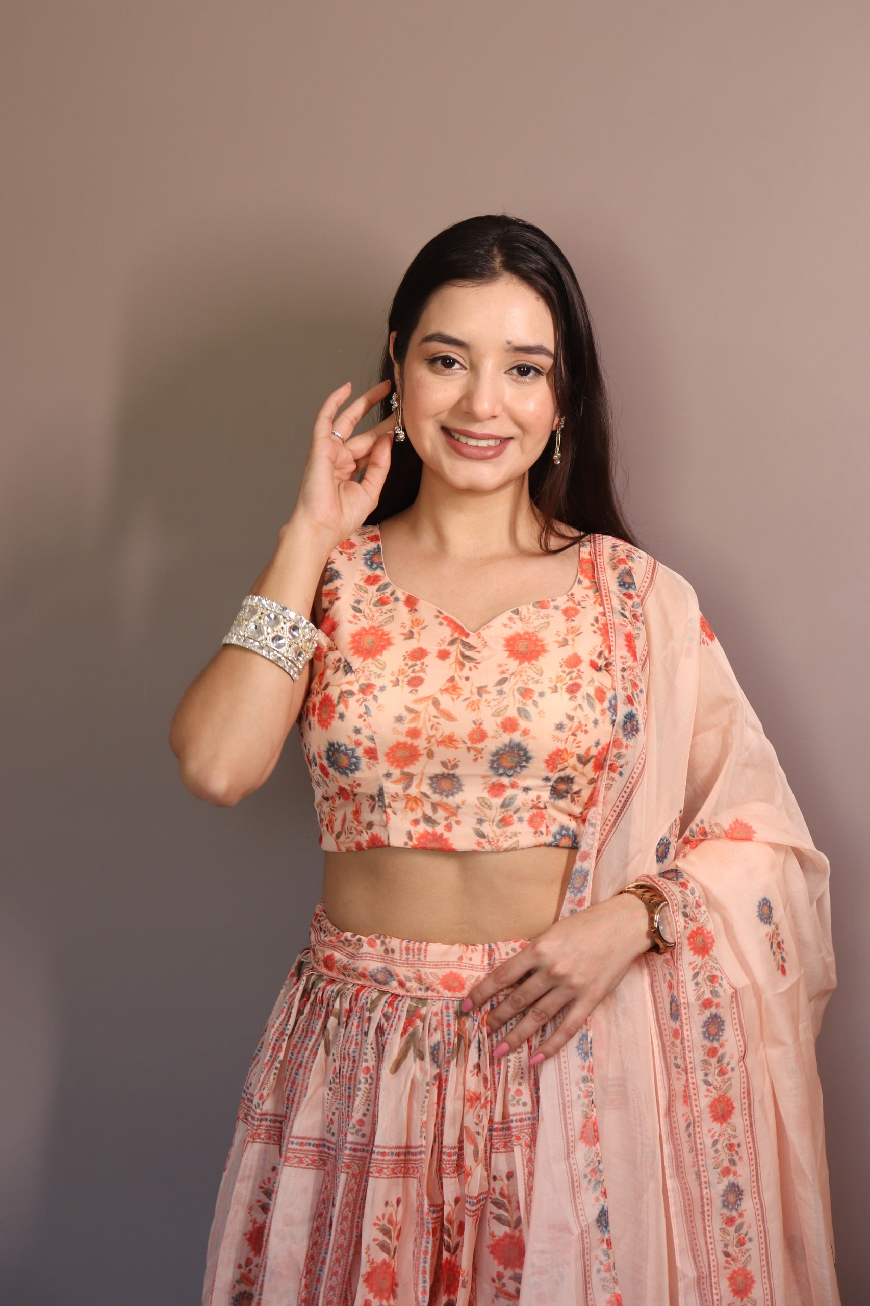 Pastel Floral Organza Lehenga Set with Sleeveless Blouse & Dupatta – Fully Stitched