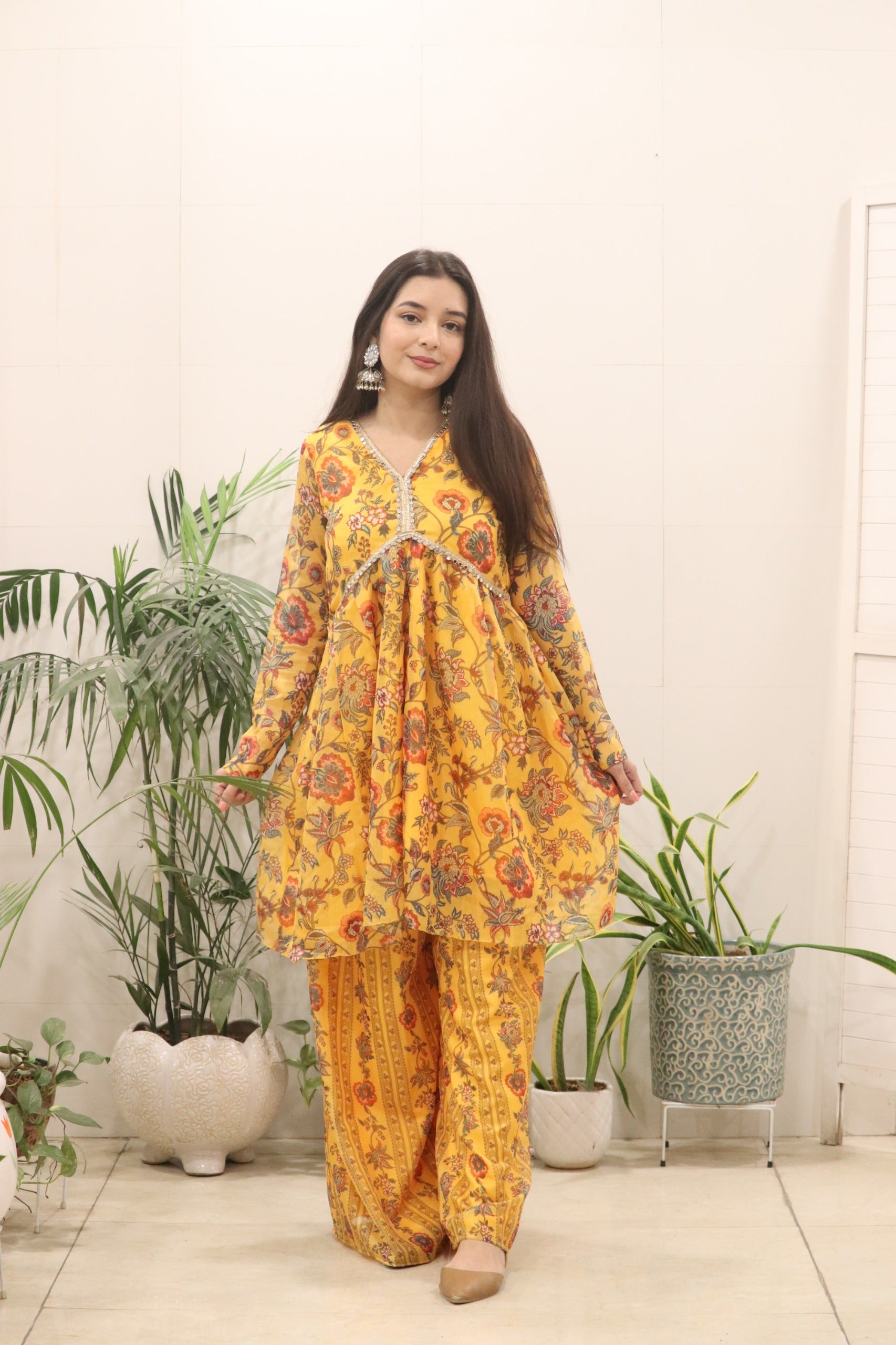 Mustard Yellow Organza Silk Printed Kurti Palazzo Set – Fully Stitched