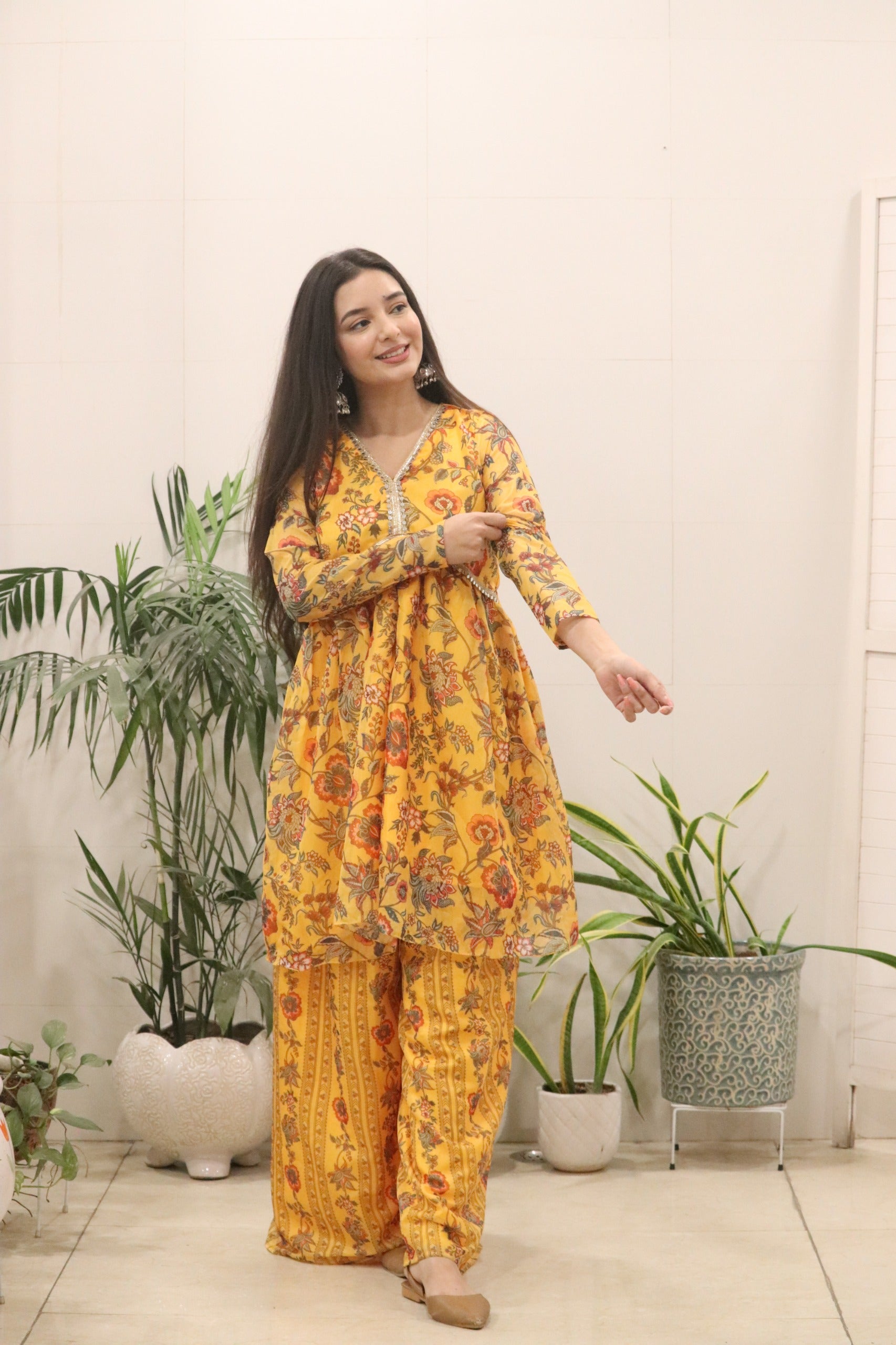 Mustard Yellow Organza Silk Printed Kurti Palazzo Set – Fully Stitched