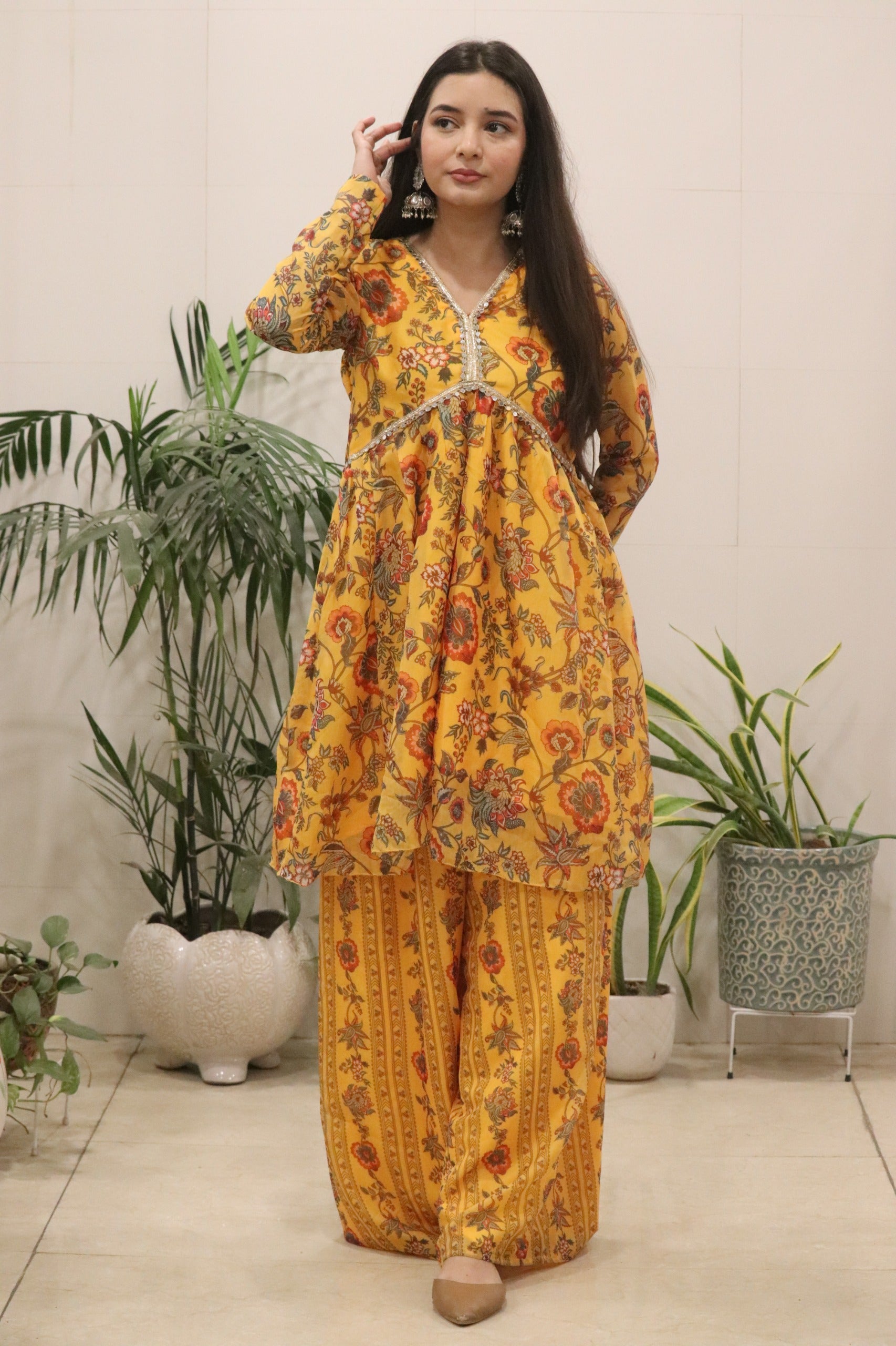 Mustard Yellow Organza Silk Printed Kurti Palazzo Set – Fully Stitched