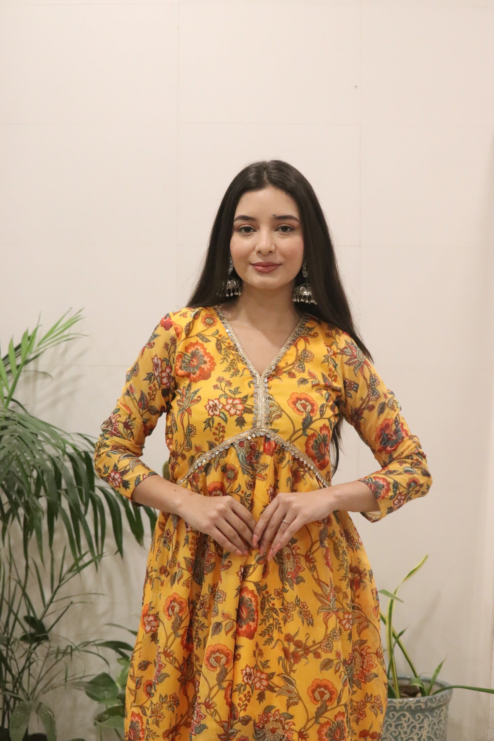 Mustard Yellow Organza Silk Printed Kurti Palazzo Set – Fully Stitched