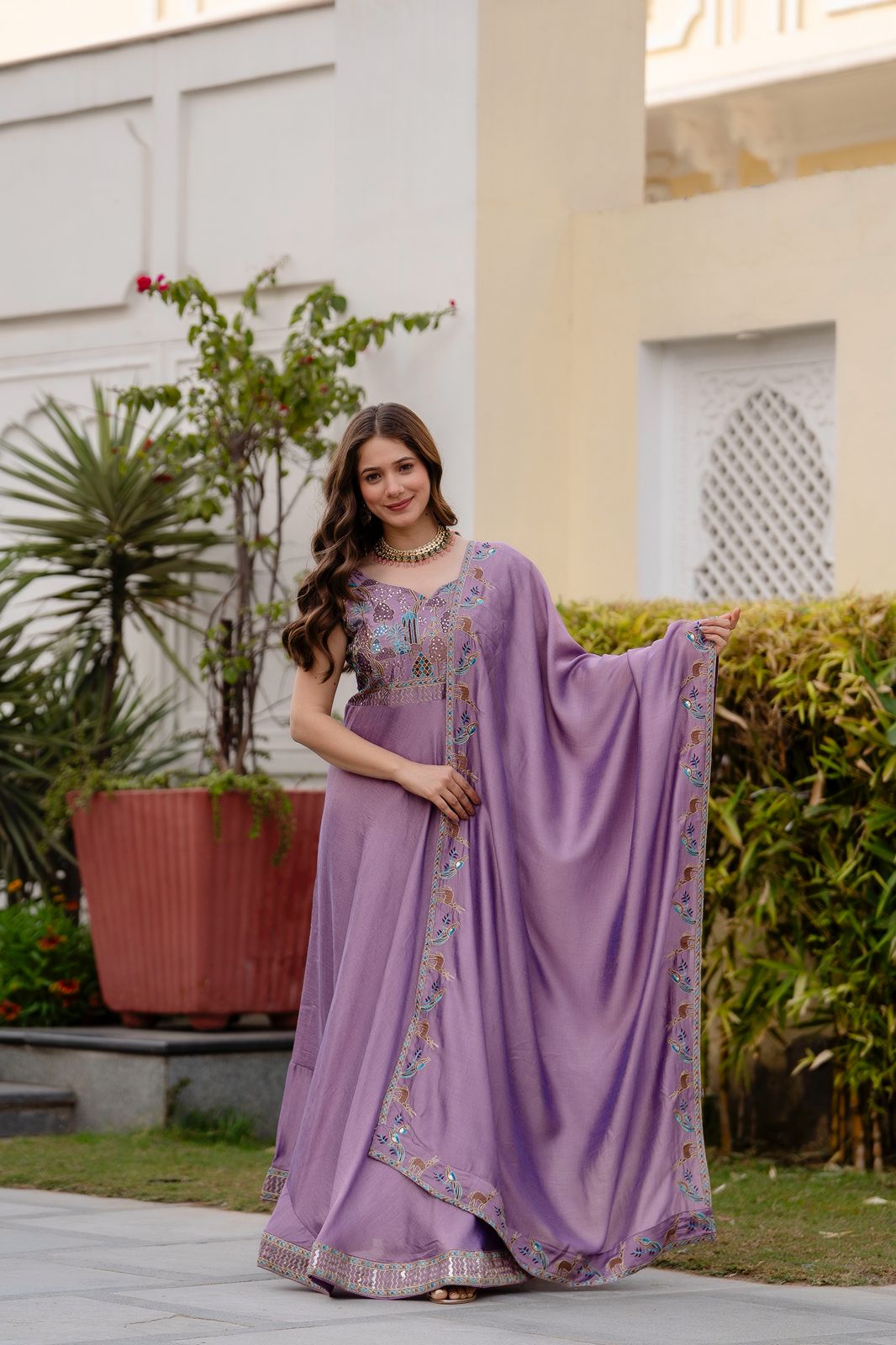 Vichitra Silk Embroidered Gown with Dupatta – 4 Meter Flair Festive Wear
