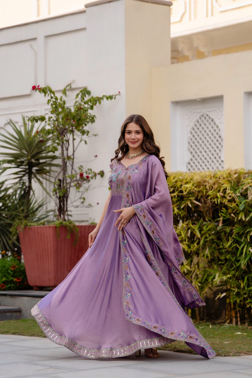 Vichitra Silk Embroidered Gown with Dupatta – 4 Meter Flair Festive Wear