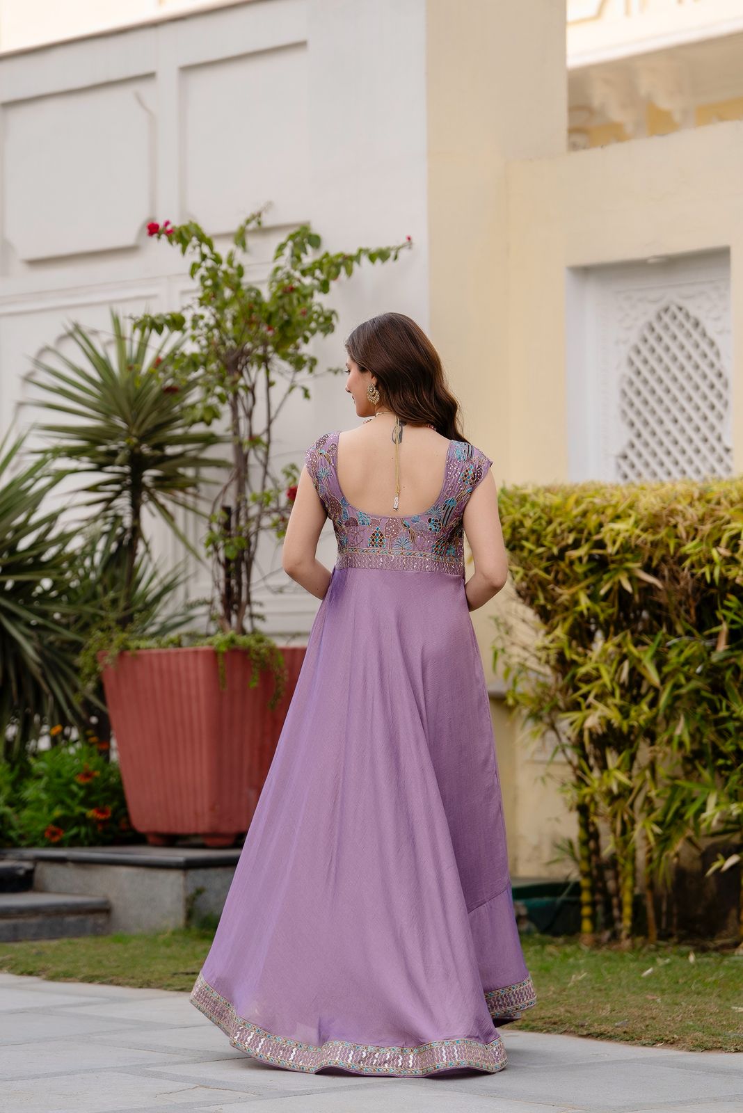 Vichitra Silk Embroidered Gown with Dupatta – 4 Meter Flair Festive Wear