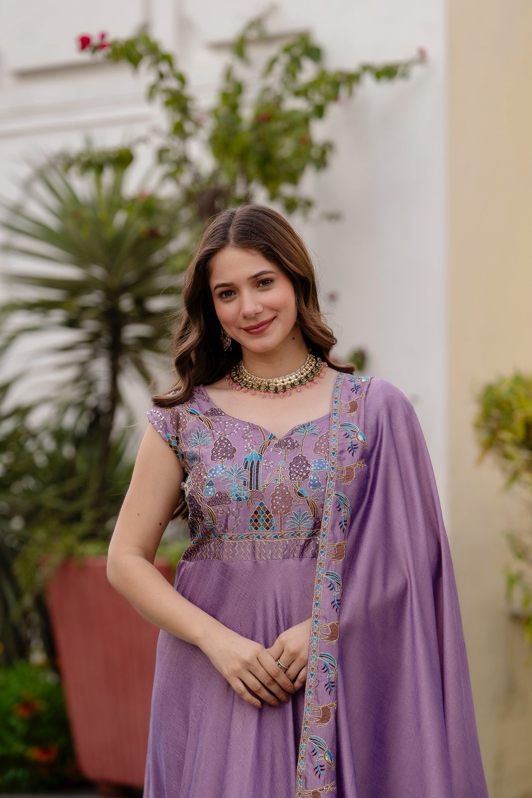Vichitra Silk Embroidered Gown with Dupatta – 4 Meter Flair Festive Wear