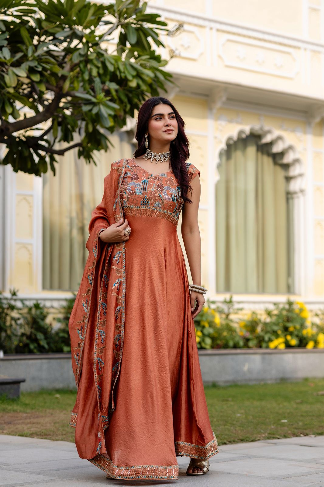 Vichitra Silk Embroidered Gown with Dupatta – 4 Meter Flair Festive Wear
