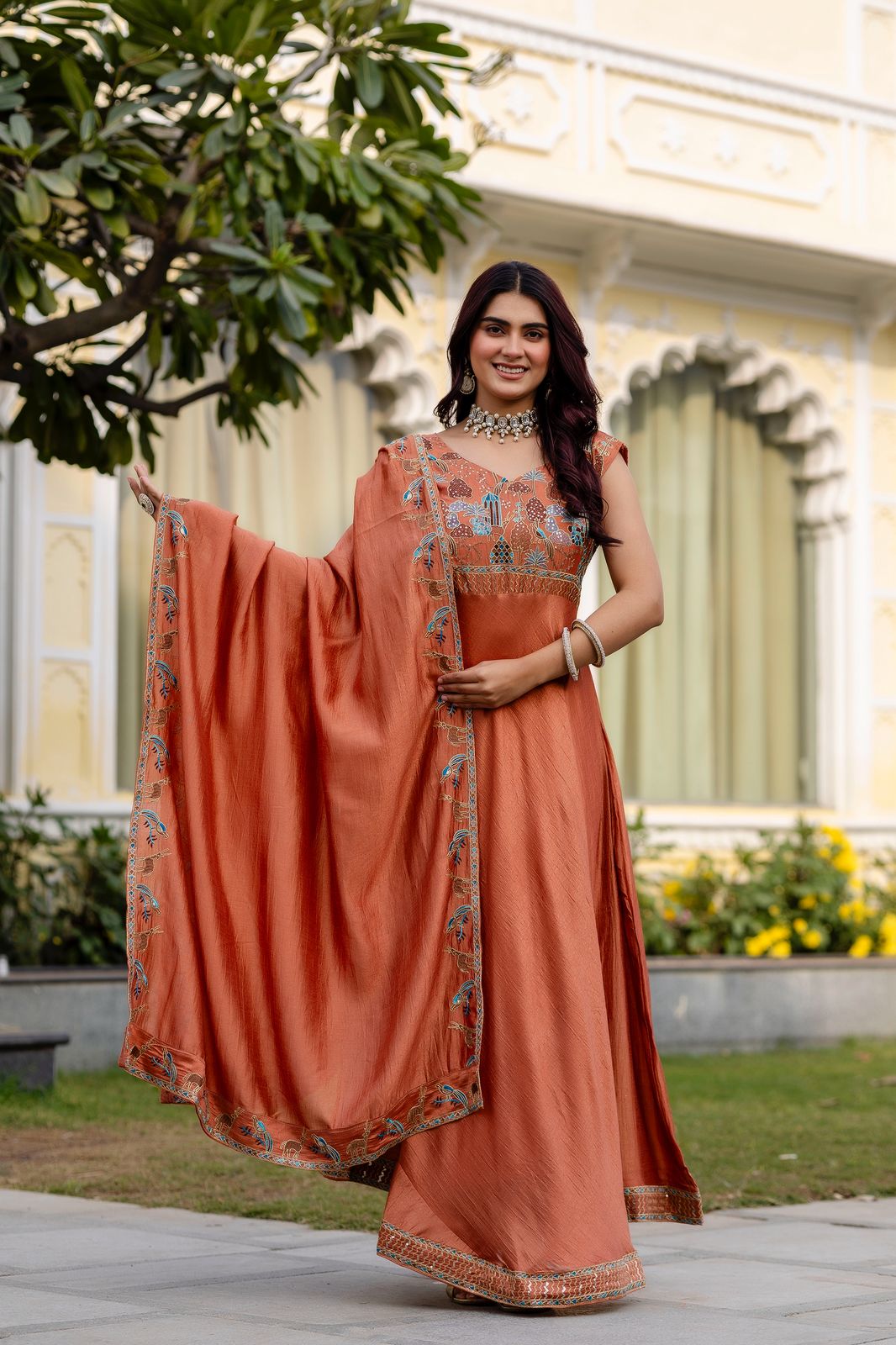 Vichitra Silk Embroidered Gown with Dupatta – 4 Meter Flair Festive Wear