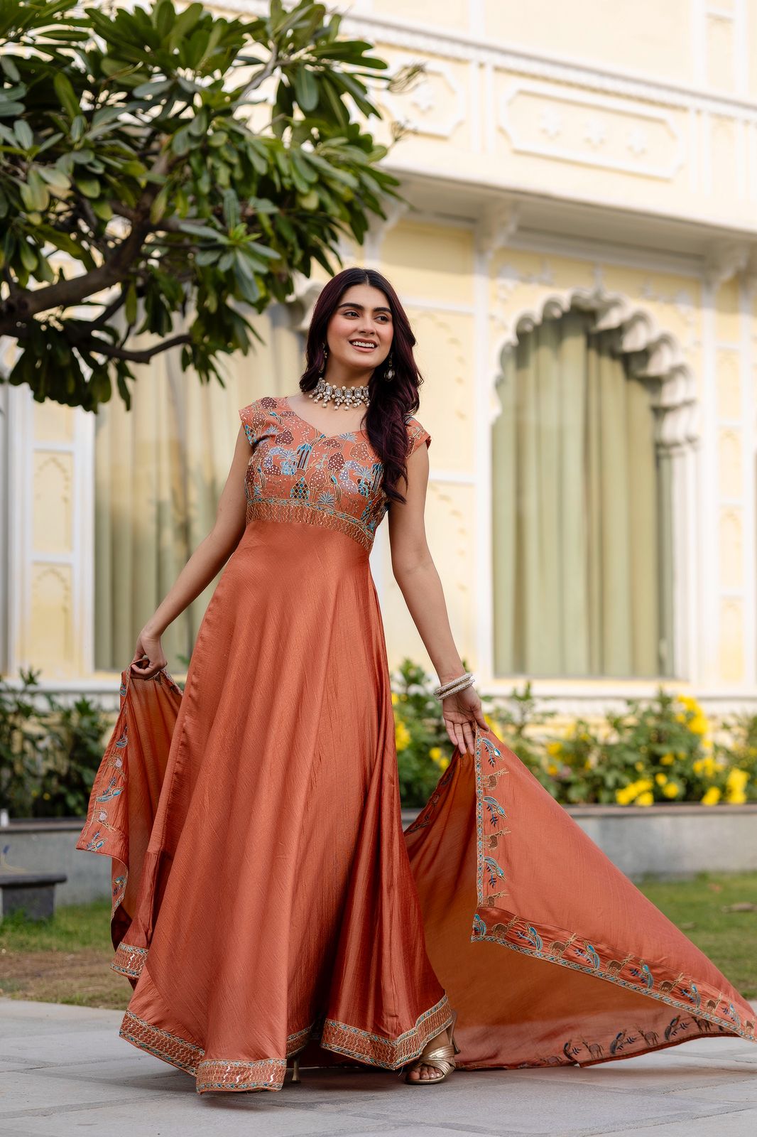 Vichitra Silk Embroidered Gown with Dupatta – 4 Meter Flair Festive Wear