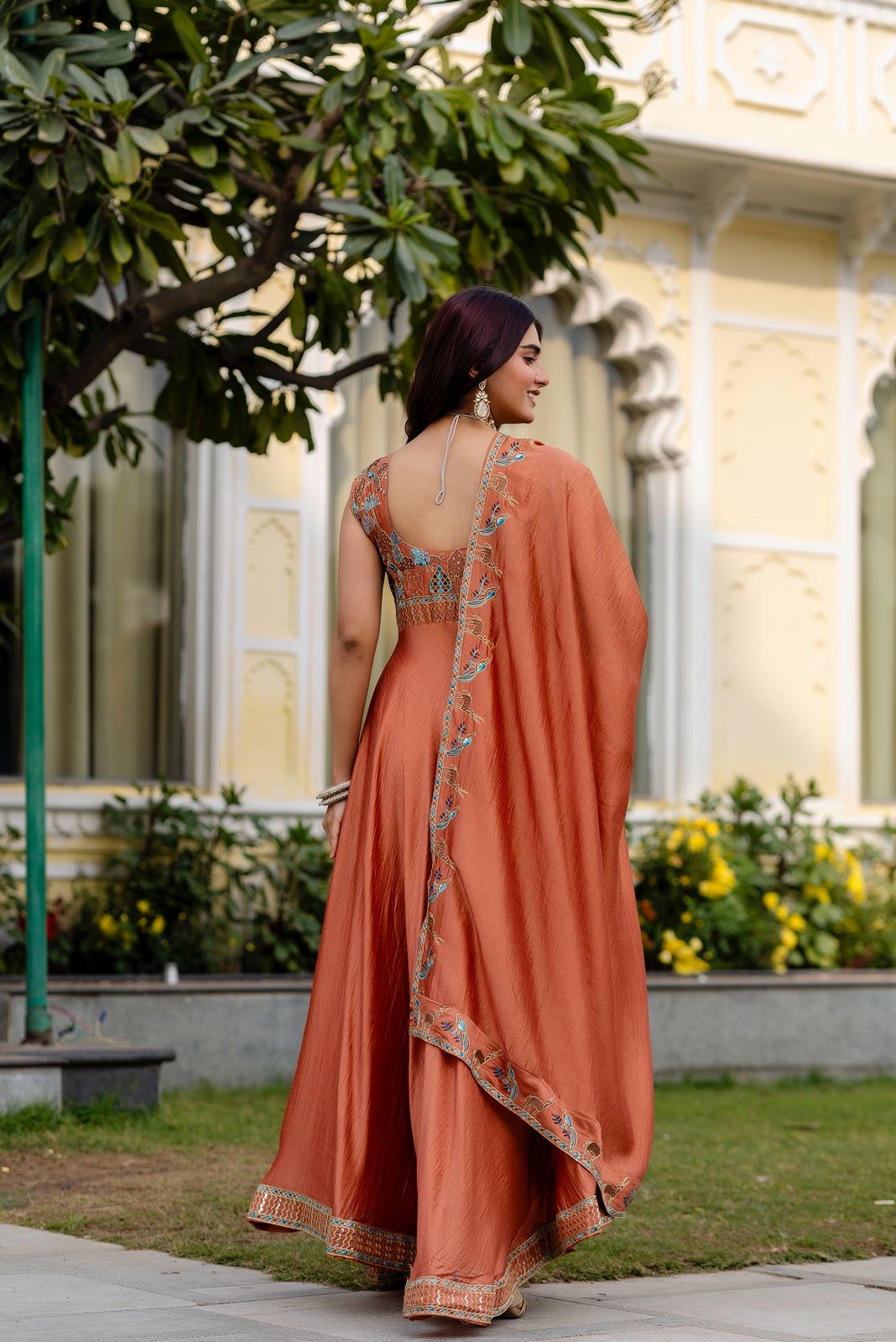 Vichitra Silk Embroidered Gown with Dupatta – 4 Meter Flair Festive Wear
