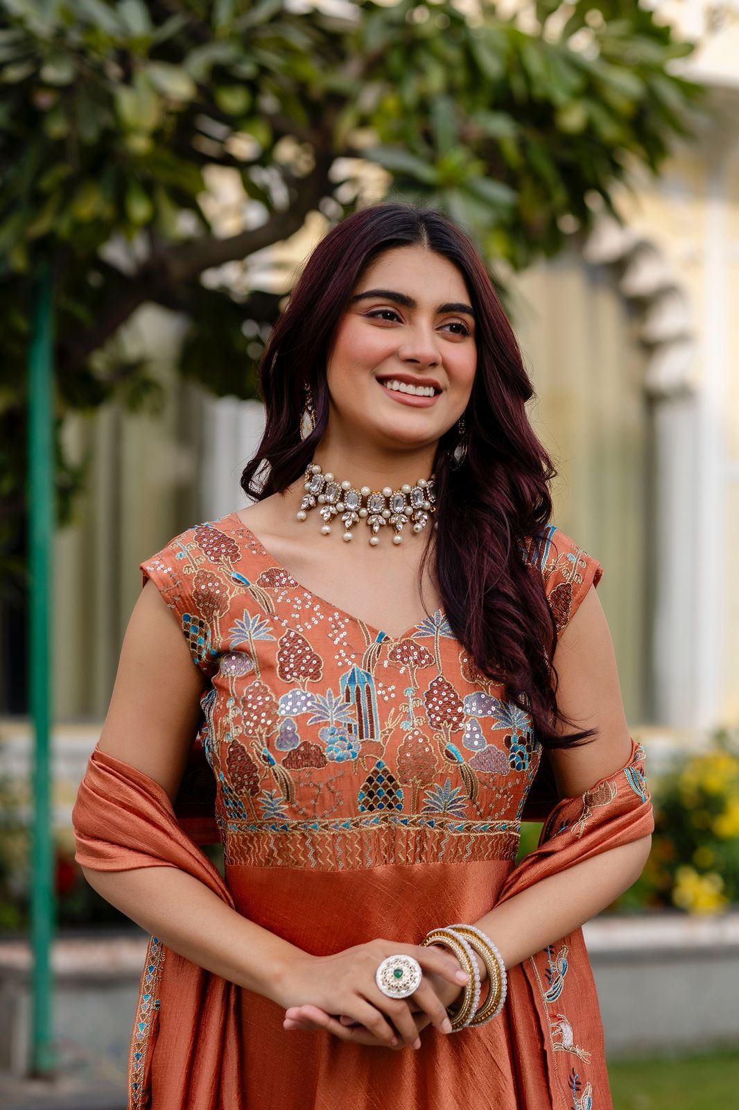 Vichitra Silk Embroidered Gown with Dupatta – 4 Meter Flair Festive Wear