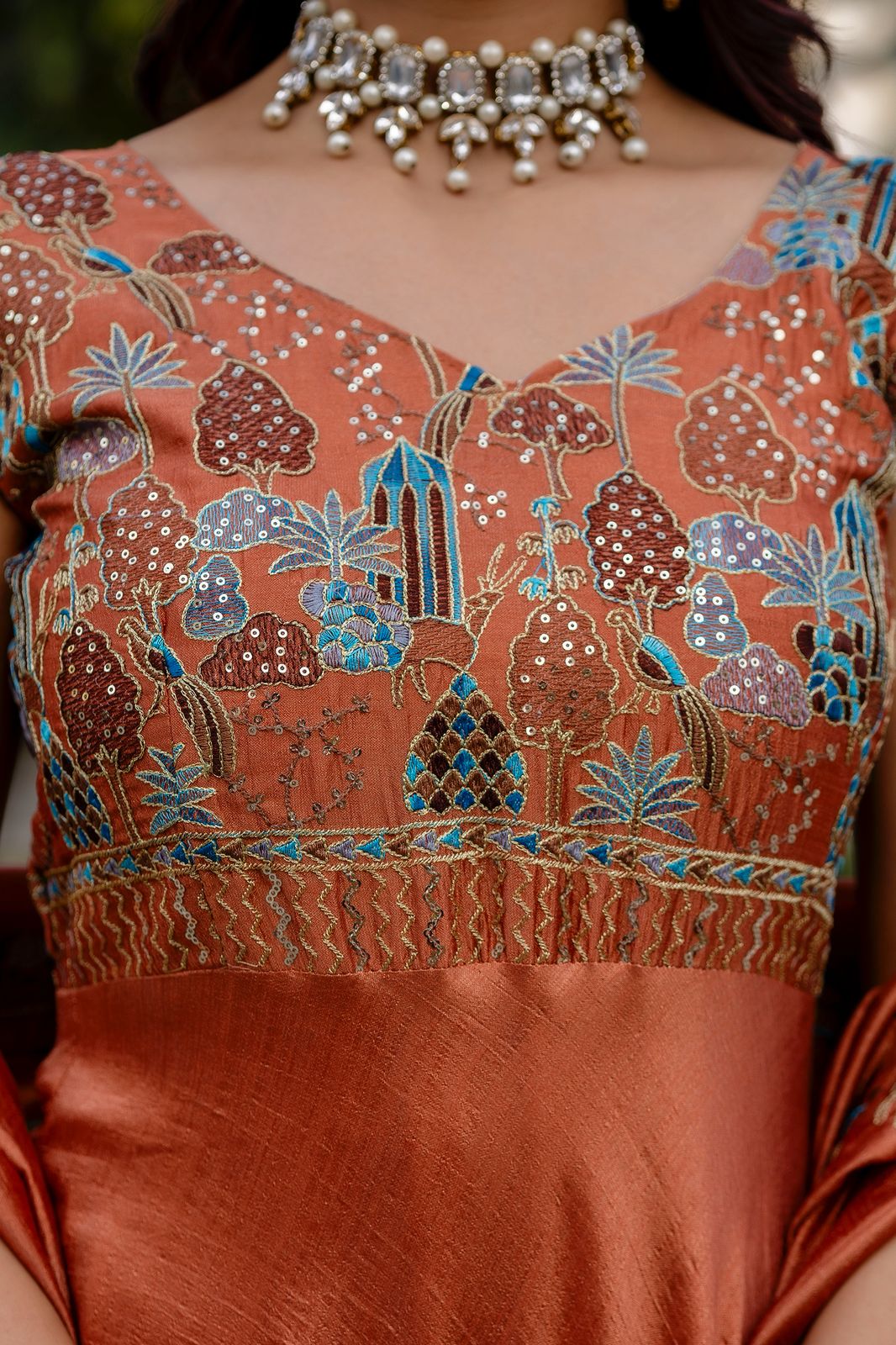 Vichitra Silk Embroidered Gown with Dupatta – 4 Meter Flair Festive Wear