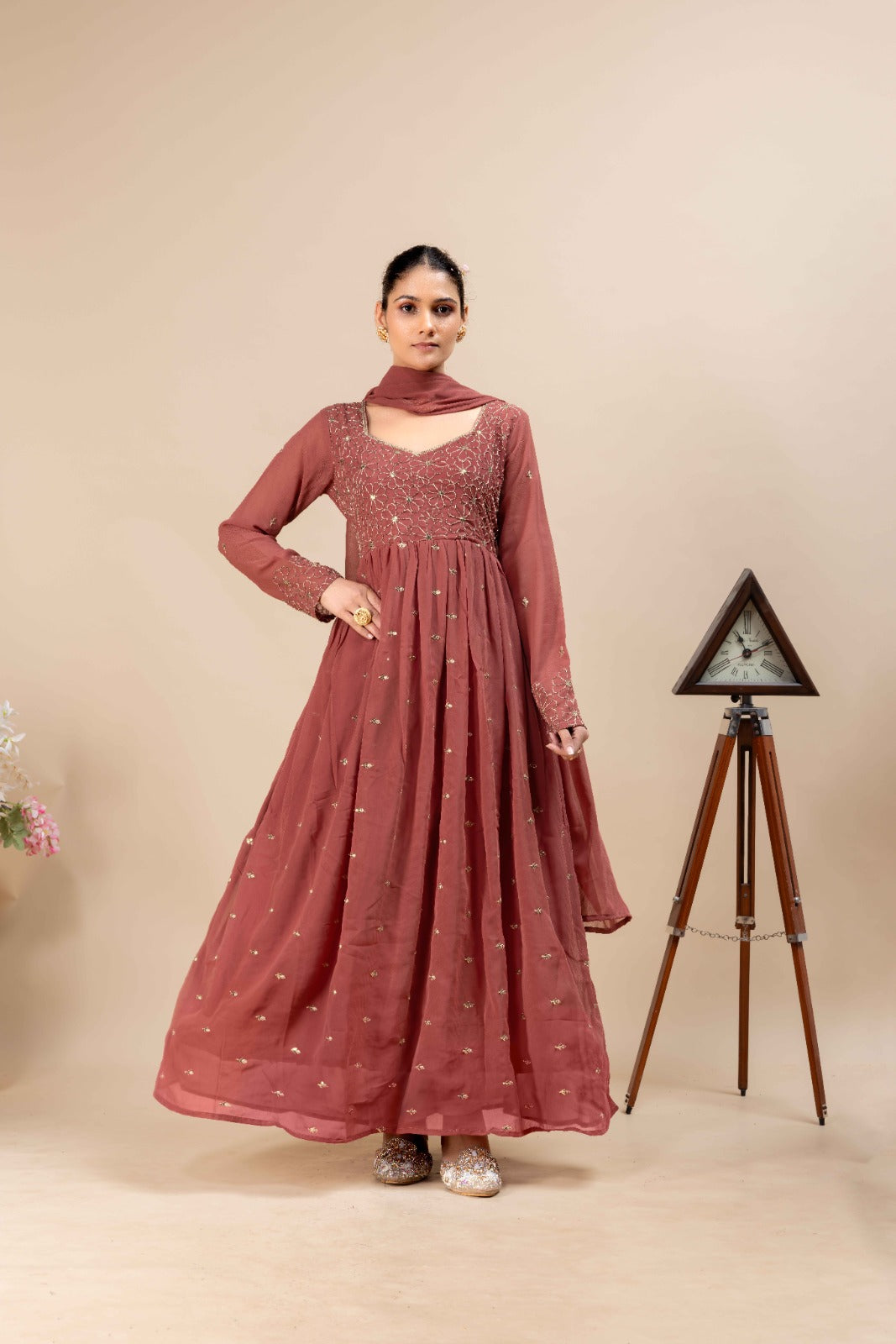 Pure Fox Georgette Flared Gown with Dupatta – 4 Meter Flair, Fully Stitched