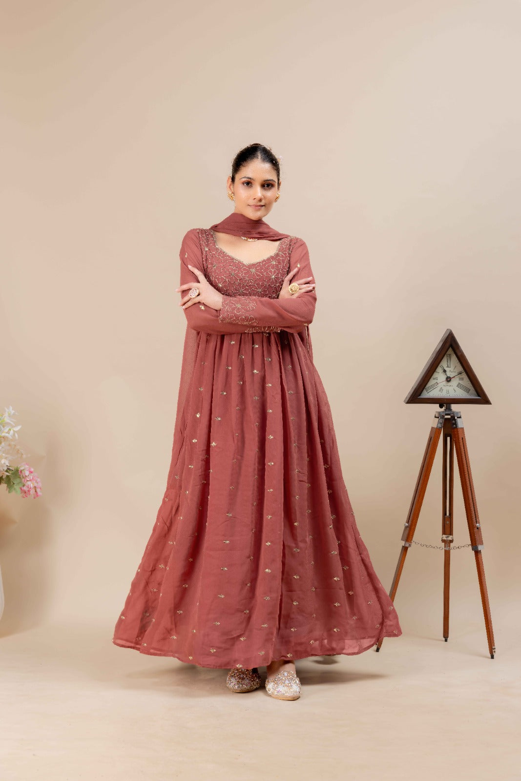 Pure Fox Georgette Flared Gown with Dupatta – 4 Meter Flair, Fully Stitched