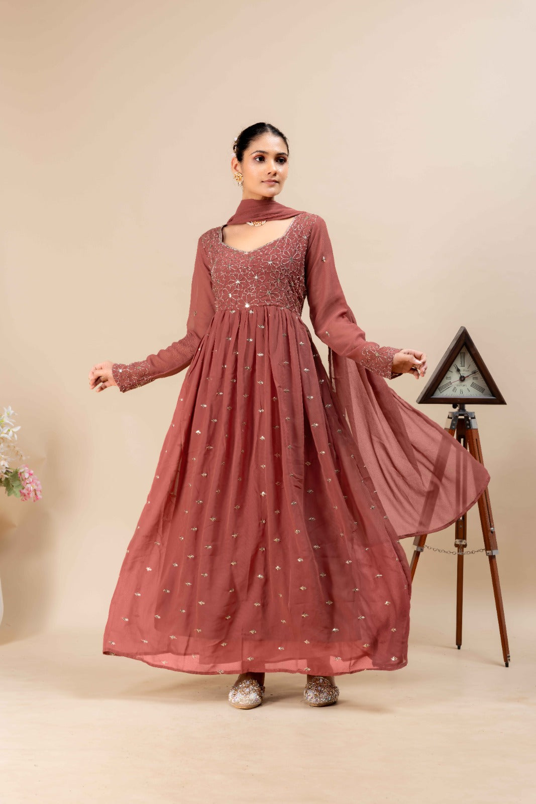Pure Fox Georgette Flared Gown with Dupatta – 4 Meter Flair, Fully Stitched