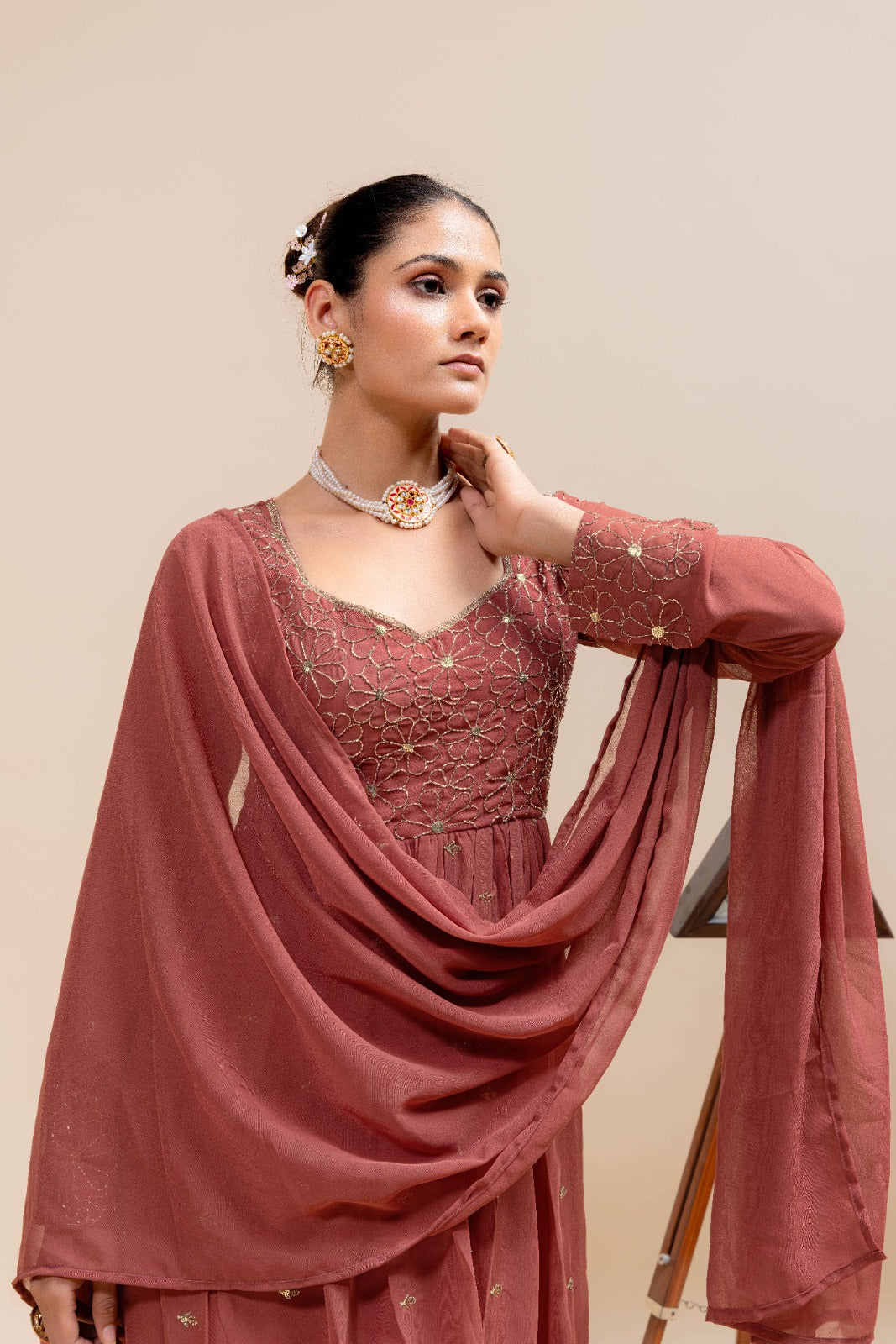Pure Fox Georgette Flared Gown with Dupatta – 4 Meter Flair, Fully Stitched