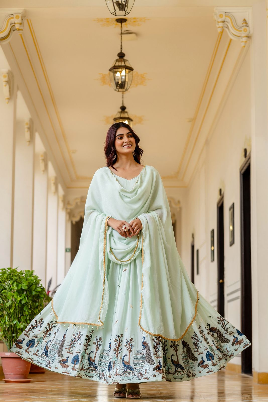 Chinon Embroidered Flared Gown with Dupatta – 3.5 Meter Flair Festive Wear