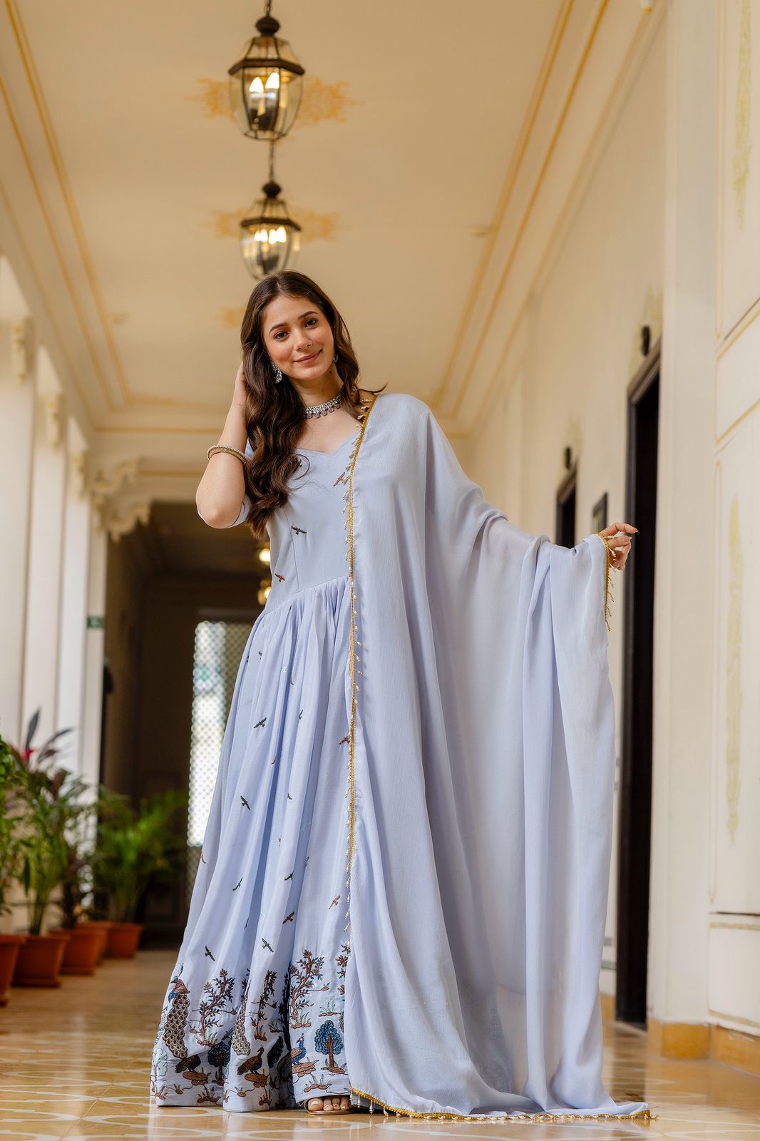 Chinon Embroidered Flared Gown with Dupatta – 3.5 Meter Flair Festive Wear