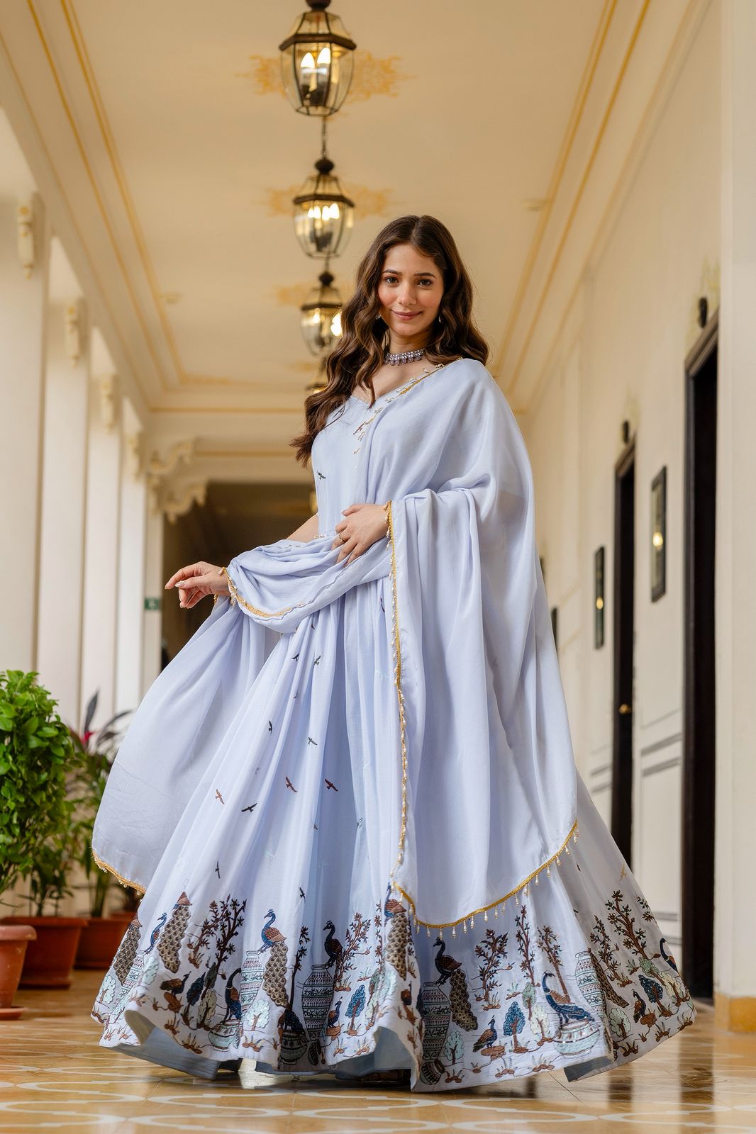 Chinon Embroidered Flared Gown with Dupatta – 3.5 Meter Flair Festive Wear