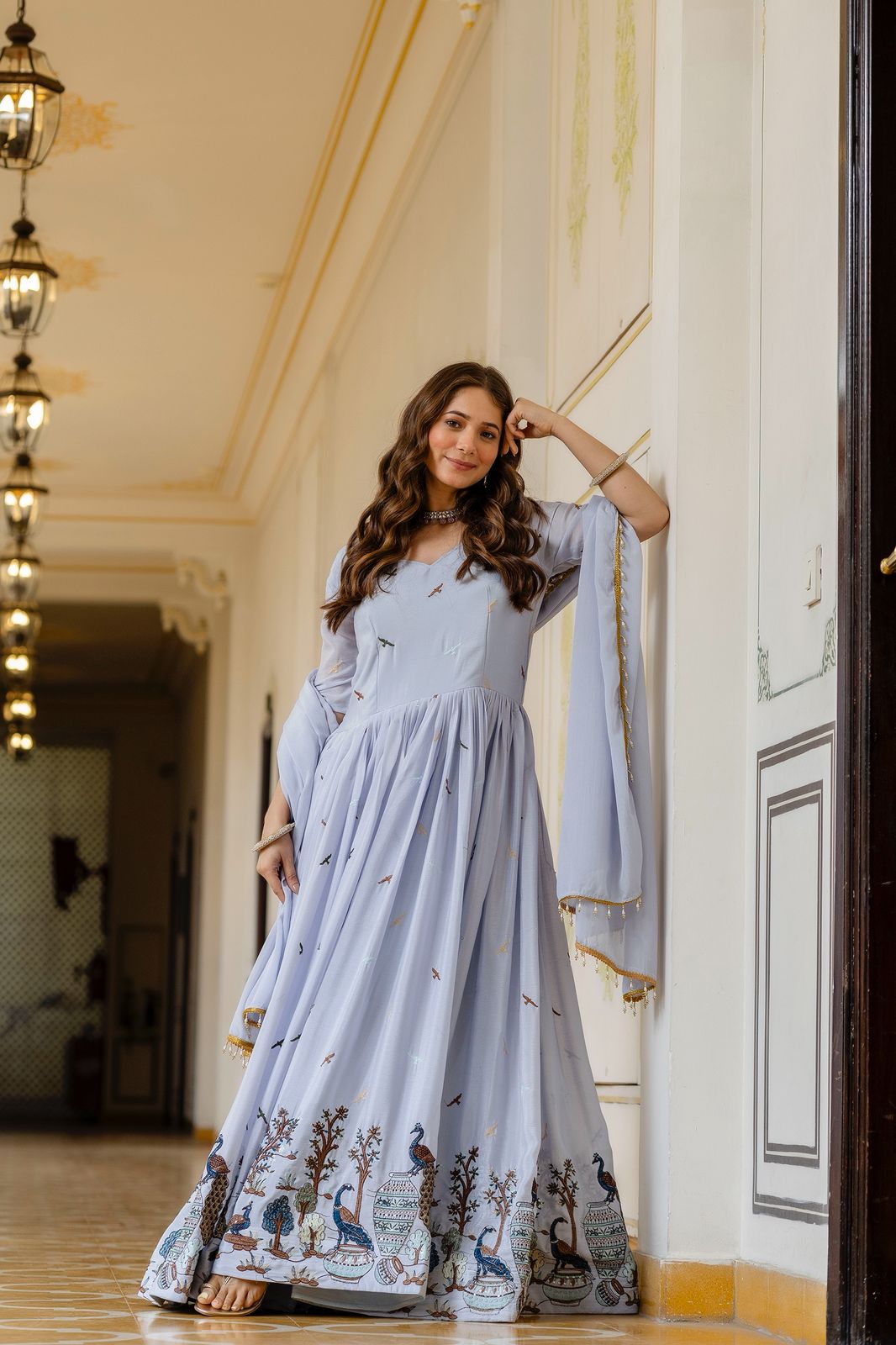 Chinon Embroidered Flared Gown with Dupatta – 3.5 Meter Flair Festive Wear