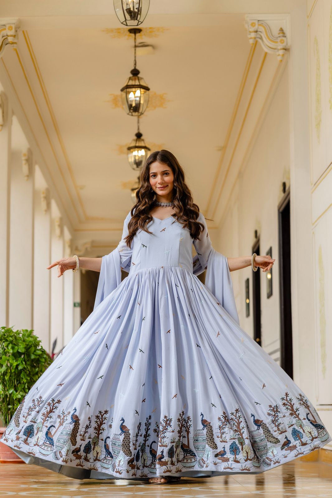 Chinon Embroidered Flared Gown with Dupatta – 3.5 Meter Flair Festive Wear