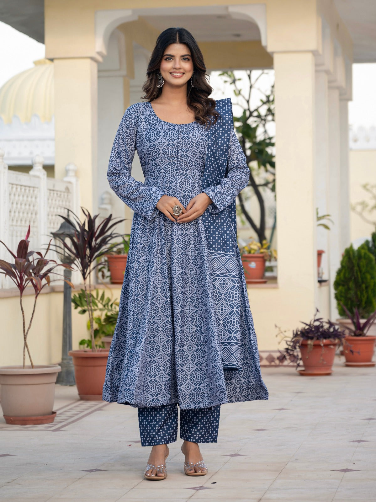Pure Muslin Cotton Anarkali Suit Set with Pant & Dupatta – 4 Meter Flair, Fully Stitched