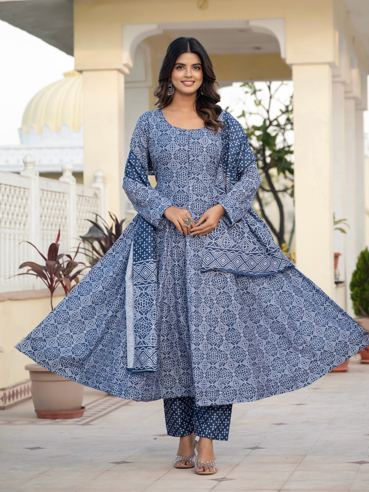 Pure Muslin Cotton Anarkali Suit Set with Pant & Dupatta – 4 Meter Flair, Fully Stitched