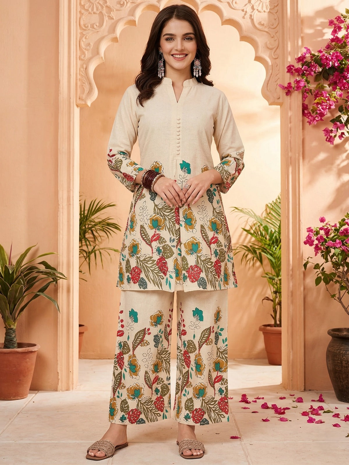 Elegant Floral Khadi Cotton Co-Ord Set with Plazo – Ready to Wear