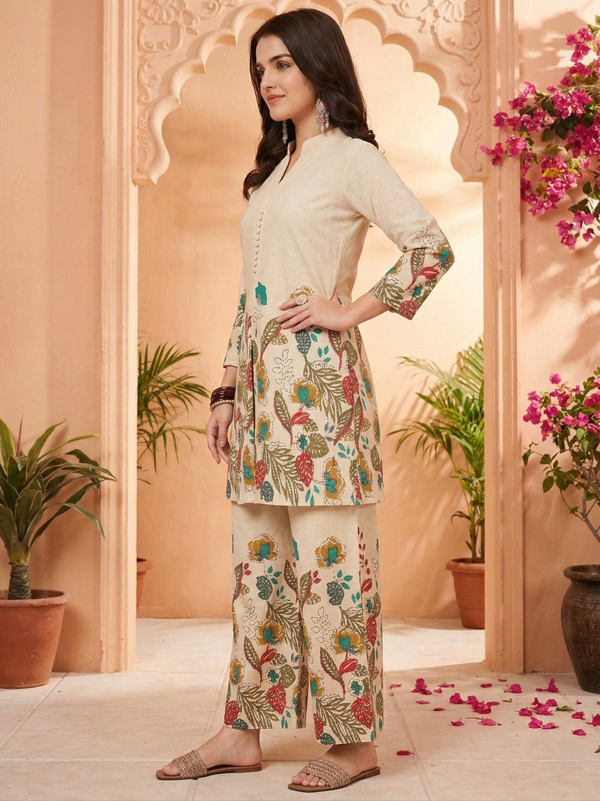 Elegant Floral Khadi Cotton Co-Ord Set with Plazo – Ready to Wear