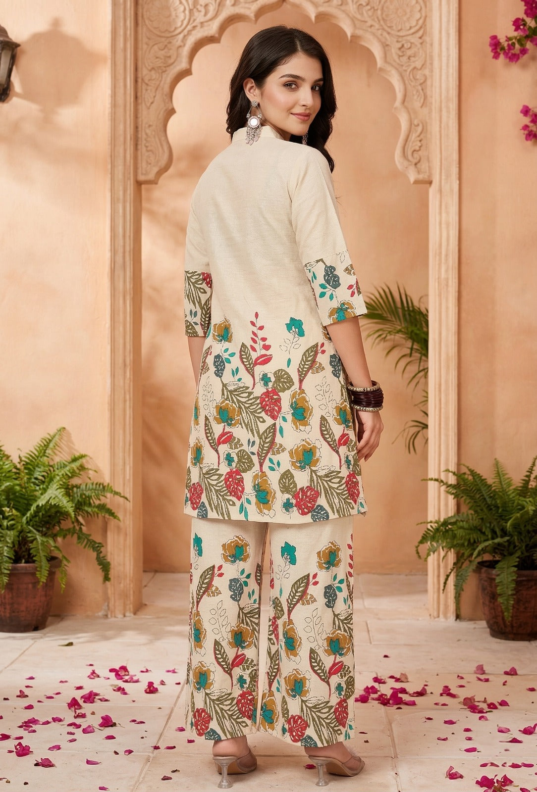 Elegant Floral Khadi Cotton Co-Ord Set with Plazo – Ready to Wear
