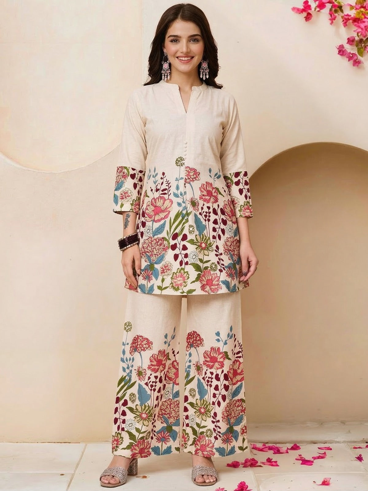 Premium Floral Khadi Cotton Co-Ord Set with Plazo – Ready to Wear