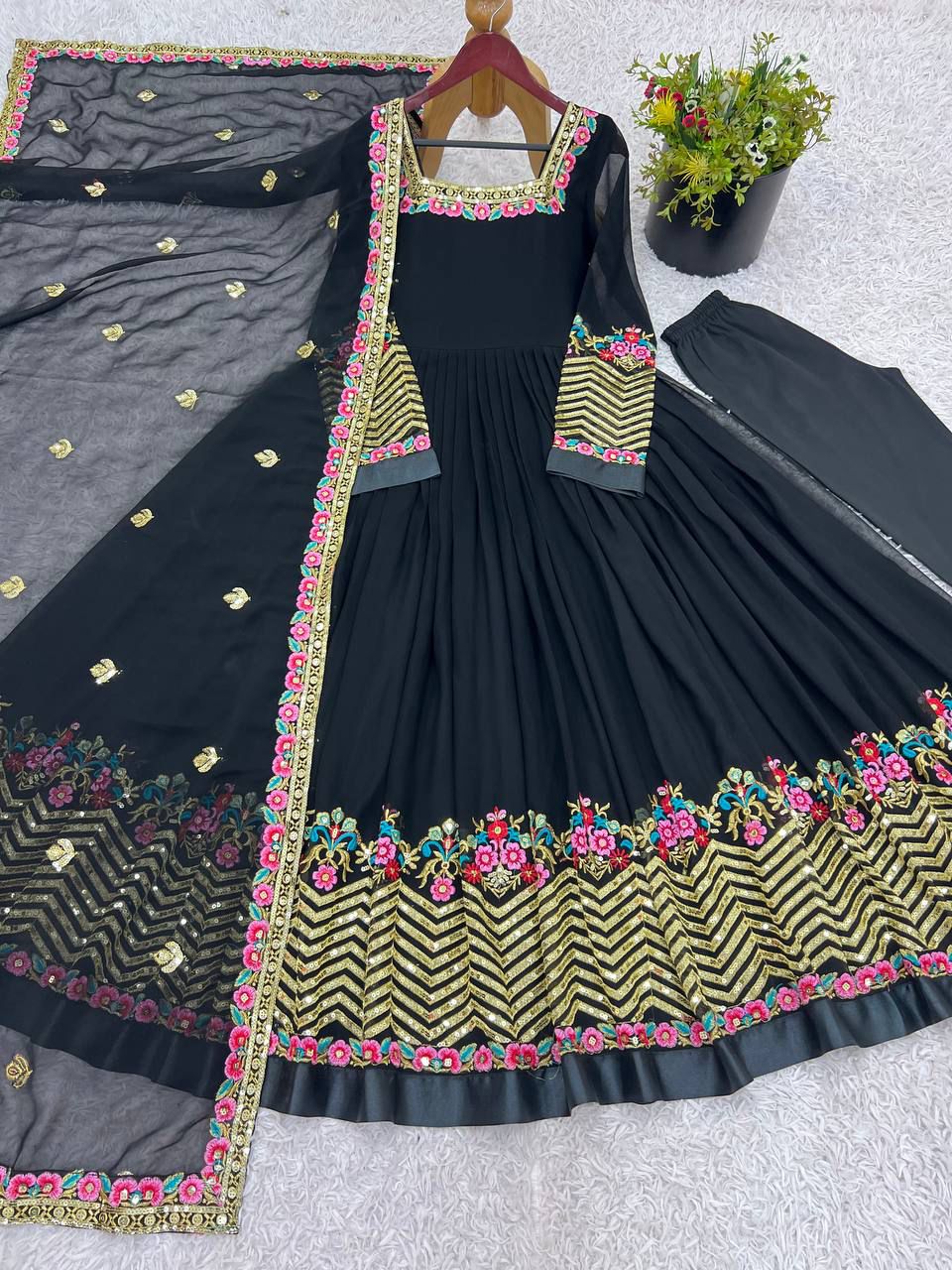 Elegant Embroidered Sequence Designer Anarkali Three Piece Set