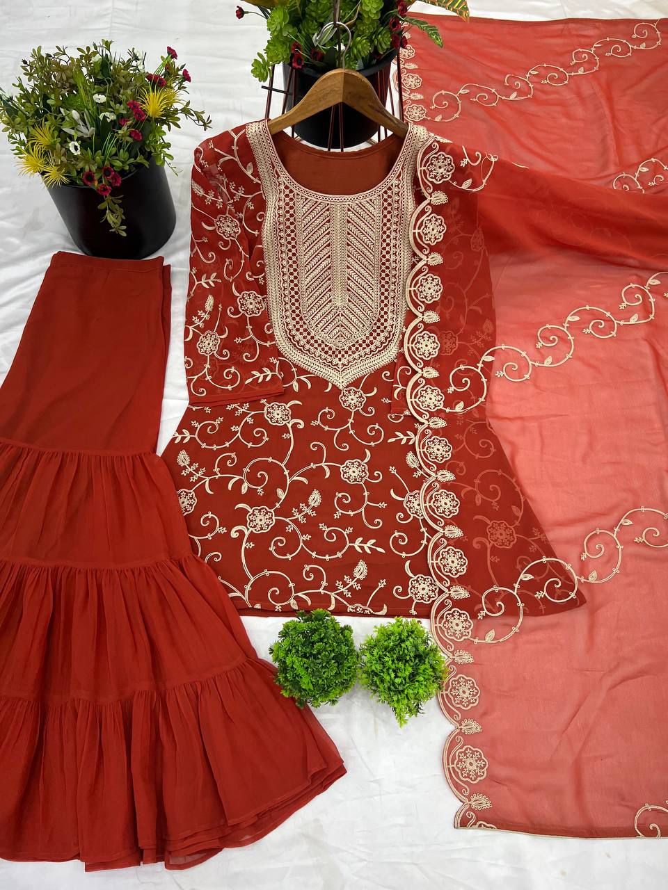 Designer Embroidered Georgette Top–Sharara Set with Dupatta