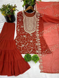 Designer Embroidered Georgette Top–Sharara Set with Dupatta