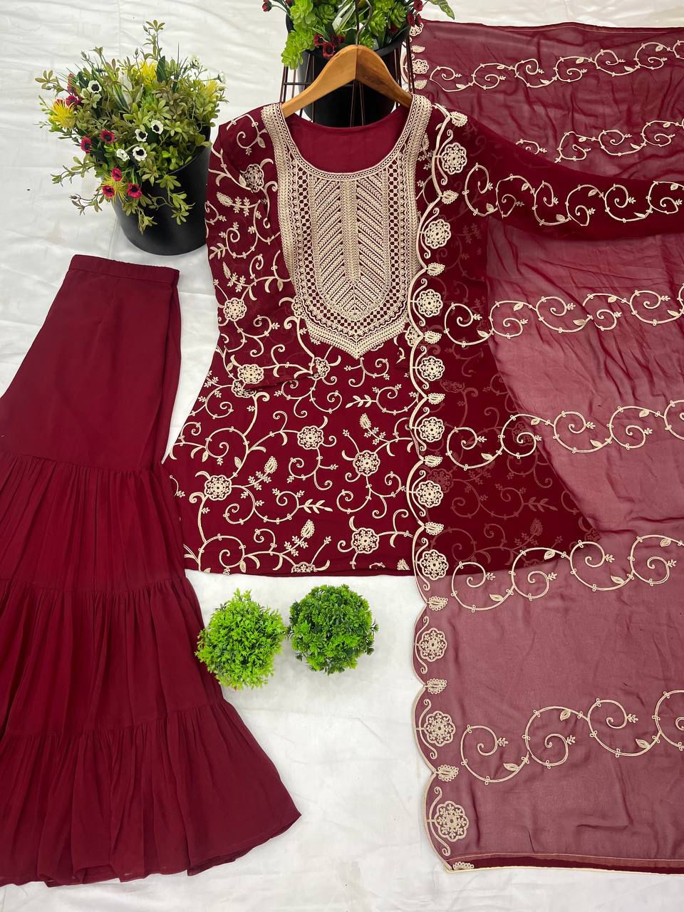 Designer Embroidered Georgette Top–Sharara Set with Dupatta
