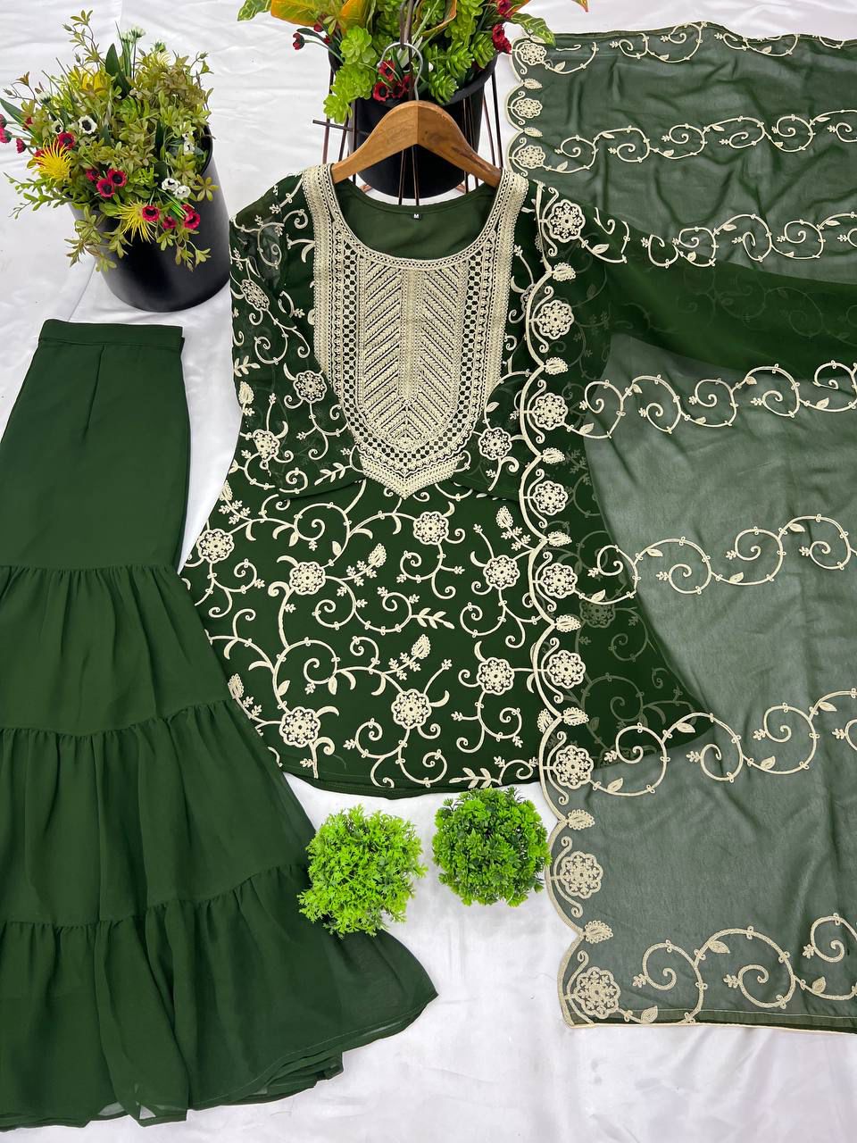 Designer Embroidered Georgette Top–Sharara Set with Dupatta
