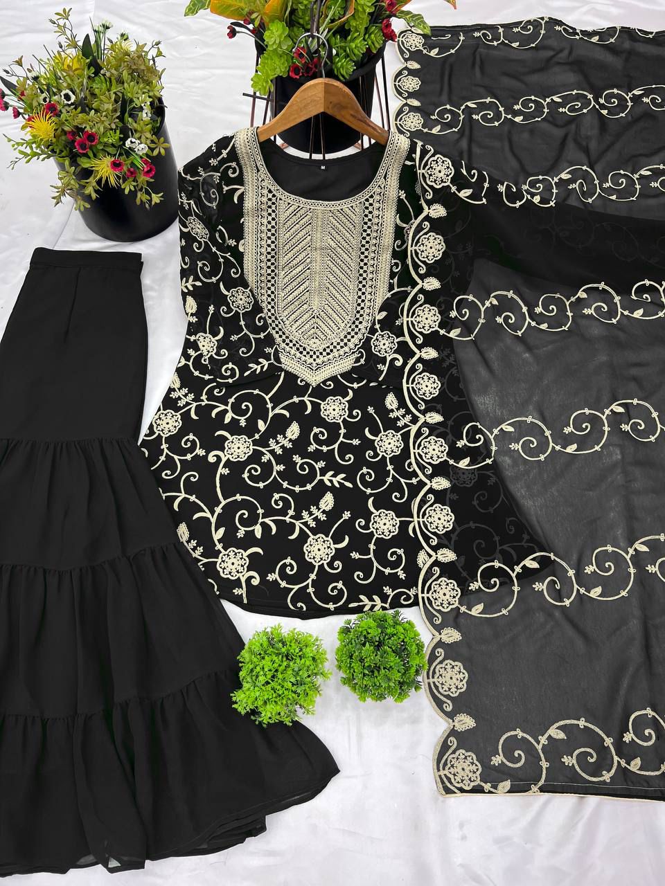 Designer Embroidered Georgette Top–Sharara Set with Dupatta