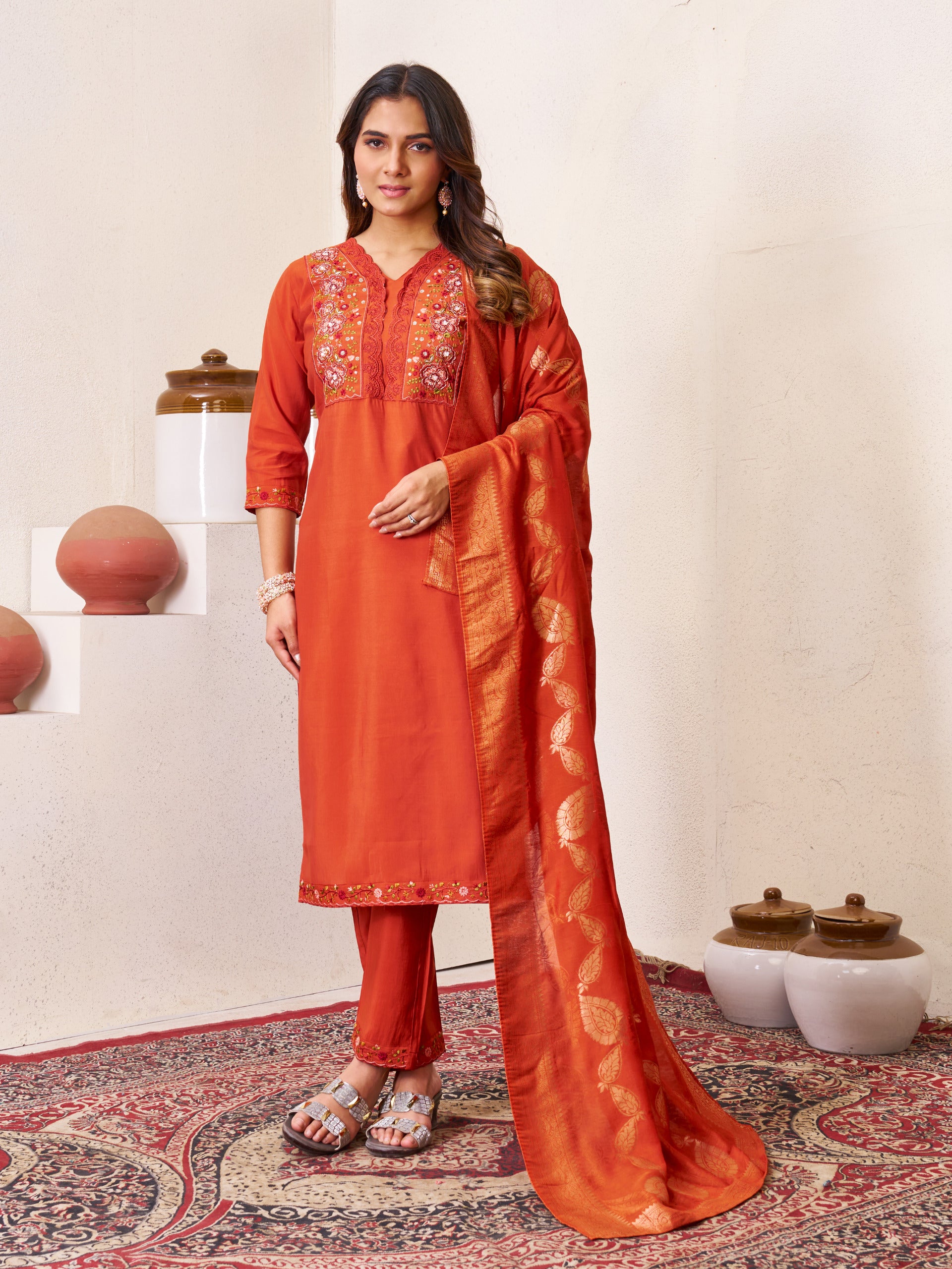 Roman Silk Embroidered Kurta with Pant and Maslin Jacquard Dupatta Set