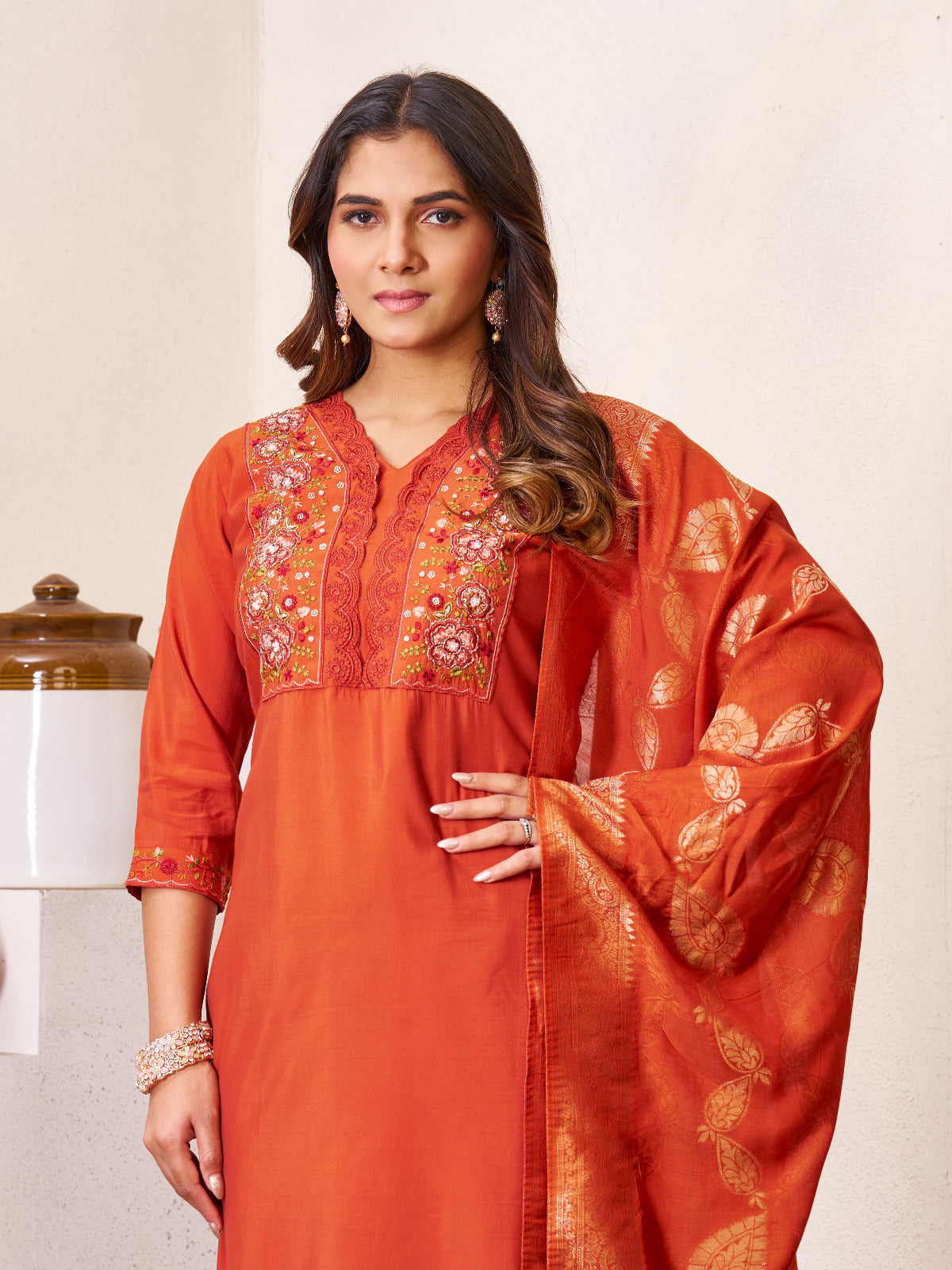 Roman Silk Embroidered Kurta with Pant and Maslin Jacquard Dupatta Set