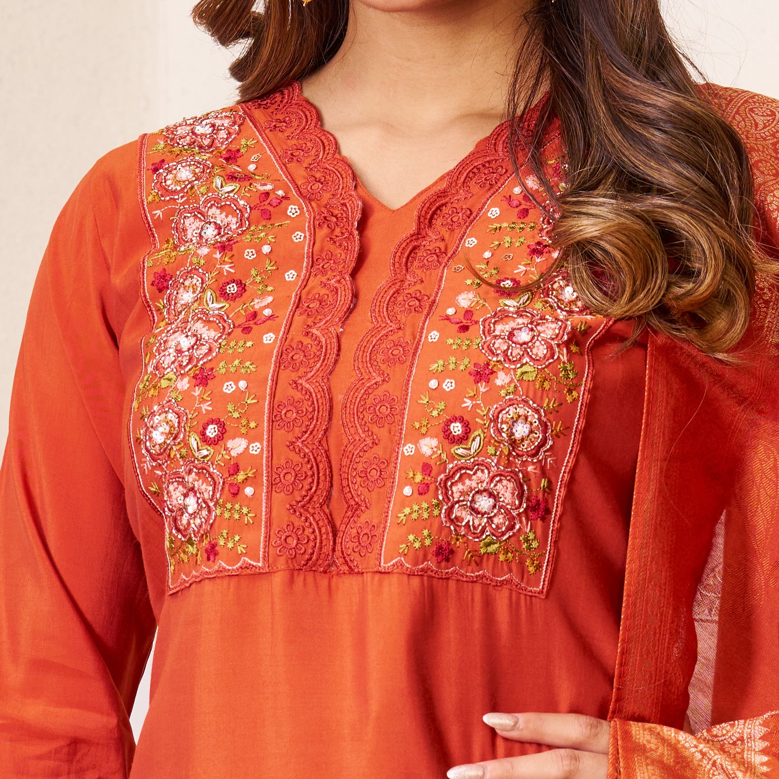 Roman Silk Embroidered Kurta with Pant and Maslin Jacquard Dupatta Set