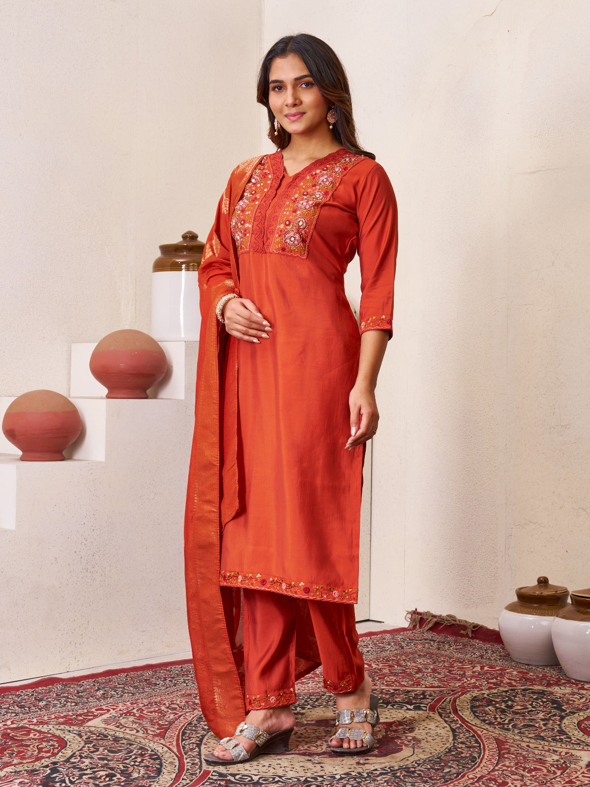 Roman Silk Embroidered Kurta with Pant and Maslin Jacquard Dupatta Set